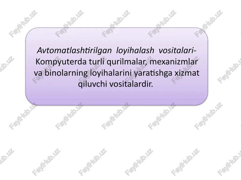 (o‘chirish) f3 funksional klavishi orqali yoki sichqonning vo‘rv tugmasini bosish orqali bajariladi. e) sled (object snap tracking) –osnap dagi nuqtani boshqarish imkonini beradi, kursor harakatlanganda vektor trassirovkasi hosil bo‘ladi. sozlash bajariladi: asboblar/chizmachilik parametrlari qo‘shimcha “bog‘lash va setka”. sled rejimini qo‘shish (o‘chirish) f11 funksional klavishsi yoki sled tugmani sichqon bilan bosish orqali bajariladi. . j) veslin –obyektlar chiziqlari qalinligini aks ettirishni qo‘shadi (o‘chiradi). z) model –model maydonidan varaq maydoniga o‘tish imkonini beradi. odatda chizma autocad ning model qati oynasida chiziladi. chizmani chop etishga taxlash esa list (layouts) qati oynasida bajariladi. list qatiga birinchi marta o‘tilar ekan modelda chizilgan barcha chizma bitta ko‘rinish oynasi (vidoviy ekran) da joylashadi. punktir chiziq chop etish qurilmasi­ning chop etish sohasini bildiradi, ya’ni punktir chiziqdan tashqarida joylashgan chizma chop etilmaydi. chop etish chizig‘ining chegara chizig‘i tanlangan printer va plotterga bog‘liq. lazer printerlari uchun 5-6 mm tashkil qilsa, purkagichli printerlar uchun uch tarafdan 5-6 mm va chop etishni …