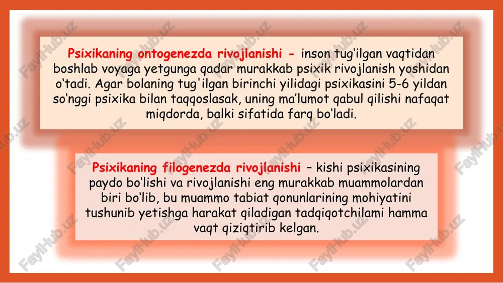 psixikasi yuksak darajada tashkil topgan materiyaning, ya’ni miyaning xossasidir. shu bilan birga, odam ongini ijtimoiy hayot sharoitiga bog'lagan holda taraqqiy qiladi. ong insonning eng avvalgi ota-bobosi qurol yasab, mehnat qila boshlagan va shu tufayli ijtimoiy hayot kechira boshlagan paytdan e’tiboran paydo bo'lgan. odamning eng avvalgi ota-bobolari to'da-to'da bo’lib yashagan. mehnat jarayonida insonni jamiyatiga yaqinlashtiradi. odam tashqi tabiatga ta’sir etib va uni mehnati bilan o'zlashtirish jarayonida o'zining tabiatini ham o'zgartirib boradi. odamning eng avvalgi ota-bobolari mehnat jarayonida qayta tuzilib odam organizmi takomillasha borgan. odam ongining yoshga qarab o’sishi ma'lumki, har bir odamning ongi tug'ilish paytidan boshlab, butun umr bo'yi o'sib boradi. odam ongining yoshga qarab o'zgarish sababi nimada, degan savol tug'ilishi tabiiy. turmushdagi kuzatishlar va biologlar, jamiyatshunoslar, psixologlar va pedagoglarning ko'pgina ilmiy tadqiqotlari bu savolga quyidagicha javob qaytarishimizga asos beradi: har bir kishi, ongining yoshga qarab taraqqiy etishi shu kishi organizmining o'sishiga, ijtimoiy muhit ta'siriga, ta'lim va tarbiyaga, shuningdek, odamning o'z …