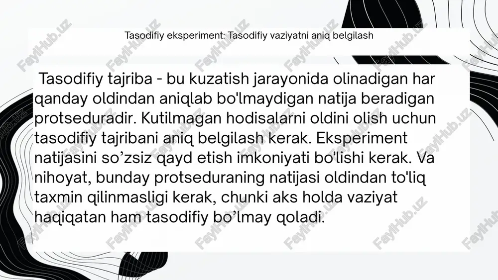 i. ehtimollik talqini ushbu raqamlarni talqin qilish alohida e'tibor talab qiladi. agar siz faqat bitta eksperiment o'tkaza olsangiz va uni takrorlay olmasangiz (masalan, eski binoning muvaffaqiyatli portlatish ehtimoli haqida gapiradigan bo'lsak), p=0,97 muvaffaqiyat qozonish ehtimoli yuqori ekanligini ko'rsatadi. biroq, bu holatda, agar siz ushbu amaliyotni kelajakda ko'plab shunga o'xshash eski binolar uchun takrorlamasangiz, "muvaffaqiyat 97% hollarda kutilmoqda", deb ta'kidlash noto'g'ri bo'ladi. shuningdek, imkoniyatdan foydalanish tushuchasini qo’llash mumkin. imkoniyat - bu voqeani yuzaga chiqish ehtimolini voqeani yuzaga chiqmaslik ehtimoliga bo’lish natijasida olingan ijobiy raqamga teng: ehtimollik talqini ehtimollik qiymatlari qayerdan olinadi? nisbiy chastota katta sonlar qonuni nisbiy chastota katta sonlar qonuni 39,6% nisbiy chastota miqdori tasodifiy eksperimentda "savolga javob berishga rozi bo'lgan odamlardagi daromadni aniqlash" borasida "daromad $20 000 yoki undan ko'p"ligi aniqlandi. agar siz bunday ta'riflardan foydalansangiz, bu holda tasodifiy tajriba amalga oshirilganligi aniq bo'ladi va u n = 536 marta takrorlangan. bu holda, qiziqish bo'lishi mumkin, boshqa tasodifiy eksperiment …