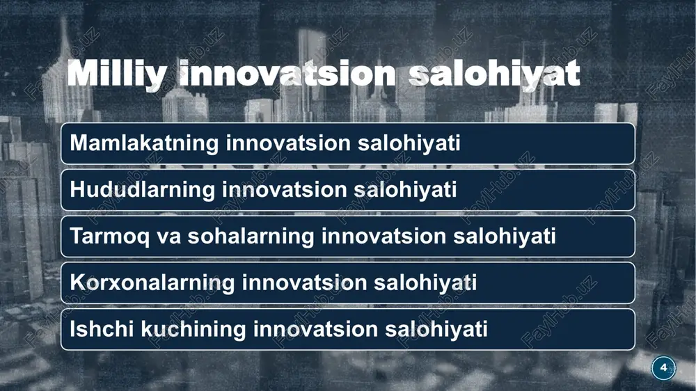adigan tashqi va ichki omillar innovatsion salohiyatni shakllantirish va kengaytirish omillari 12 ilk mablagʻ (kapital)larning miqdori gʻoyalar, ixtirolar, ishlab chiqarish va savdo sirlarini himoya qilish tadqiqotlar va ishlanmalarning foydaliligi insonning tasavvur kuchi va ijodiy imkoniyatlari (qobiliyatlari) iqtisodiy sharoitlar va hukumat me‘yoriy-huquqiy tizimining boshqarilishi va rivojlanish tendensiyalarini oldindan aytib berish imkoniyatlari raqobat ishchi kuchining soni va tarkibi zarur vositalarni sotib olish imkoniyatlari 13 texnik vazifa. bunda innovatsion salohiyat yangilangan, mukammallashgan mahsulot yaratish vositalarini ishlab chiqarish va oʻzlashtirishga imkon beradi. ijtimoiy vazifa. bunda innovatsion salohiyat mehnat sharoitlarini yaxshilash, sogʻliqni saqlash, ta‘lim, madaniyat sohalaridagi mavjud muammolarni hal etishga yoʻnaltiriladi. ilmiy vazifa. bunda innovatsion salohiyat fanning rivojlanishiga, ijtimoiy-iqtisodiy rivojlanishning yangi qonuniyat va tamoyillari yaratilishiga hamda yangi sohalarga yoʻl ochilishiga koʻmaklashadi, shuningdek, gʻoyalar generatori sifatida harakat qiladi. innovatsion salohiyatning mohiyati uning quyidagi vazifalarida namoyon boʻladi innovatsion salohiyat shakllanishi va uning oʻzgarishiga ta’sir qiluvchi omillar 14 mamlakatda innovatsion salohiyatning shakllanishi va amalga oshirilishi ilmiy tadqiqot va …
