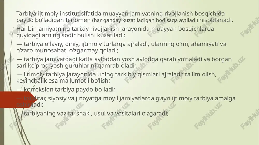 obal muammolarning paydo bulishi va hal etilishiga ta'sir qiladi. noosfera — biosferaning sifat jihatidan yangi, inson manfaati yoʻlida qayta tashkil etilgan evolyusion xolatidir. yuqoridagilarga asoslangan holda, tarbiyaning tabiat bilan uyg‘unligi tamoyiliga ko‘ra, inson: — o‘zini borliqning bir bo‘lagi, deb his qilishini; — ro‘y berayotgan planetar jarayonlarni va undagi mavjud global muammolarni tushunishini; — o‘zida noosfera uchun mas'uliyatni his qilishini; — o‘zini noosferani yaratgan sub'ekt sifatida bilishi hamda tabiat, planeta va biosferaga nisbatan ijobiy munosabatni shakllantirilishi kerakligini ko‘zda tutadi. tarbiyaning madaniyatga muvofiqlik tamoyili. tarbiya madaniylashuvining zaruriyati g‘oyasi ingliz pedagogi jon lok (xviii asr), fransuz mutafakkiri klod gel'vesiy (xviii asr) va shvesariyalik pedagog iogann pestalossi asarlarida o‘z aksini topgan. xix aerda nemis pedagogi fridrix disterverg tomonidan berilgan ta'rifga ko‘ra, tarbiyaning madaniyatga muvofiqlik tamoyili madaniyatning umuminsoniy qadriyatlar asoslanishi, u yoki bu milliy madaniyatlarning kadriyatlariga va me'yorlarga mos ravishda bunyod etilishini nazarda tutadi. tarbiyaning madaniyatga muvofiqlik tamoyili o‘z oldiga bolalar va o‘smirlarga xalq hamda …