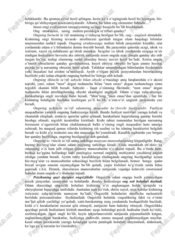 xususan hashoratlarning, qushlarning) xatti-harakatlarini, qiliqlarini kuzatadigan bo’lsak, ularning harakatlari go’yoki ongli harakatdek bo’lib ko’rinadi. masalan: oddiy cho’l chumolilarining yoki termit deb ataluvchi chumolilarning "jamoa" bo’lib yashashlari, qishga ovqat g’amlashlari, asalarilarning kollektiv bo’lib yashashlari, asal to’plashlari (karl fon frish tadqiqotlari) va qushlarning tuxum ochib, bolasini parvarishlashi (v.a.vagner tadqiqotlari)go’yo ongli harakatlardek bo’lib ko’rinadi. aslida bunday harakatlar ongli bo’lmay, balki instinktiv harakatlardir. instinktiv harakat deganda biz hayvonlarga tug’ma yo’l bilan (shartsiz reflekslar) va ularning tashqi olamga muvofaqlashuvini ta’minlaydigan harakatlar shaklini tushinamiz. instinkt tushunchasi psixologiyaga birinchi marta ch. darvin tomonidan kiritilgan bo’lib, bizga hayvonlarning juda ko’p murakkab harakatlari va qiliqlarining ilmiy tarzda tushunish imkonini beradi. instinkt tushunchasini psixologik va fiziologik mexanizmlari mashhur rus fiziologi akademik i.p.pavlov tomonidan tushuntirishib berildi. evolyutsion taraqqiyot davomida murakkab taraqqiy etgan hayvonlarda, ya’ni umurtqa suyakli va sut emizuvchi hayvonlarda harakatning individual shakllari yuzaga keldi. har bir organizm o’zicha individual hayot kechiradi va tashqi olamda ma’lum muddat davomida yashaydi. vaholanki, hayvonlar …