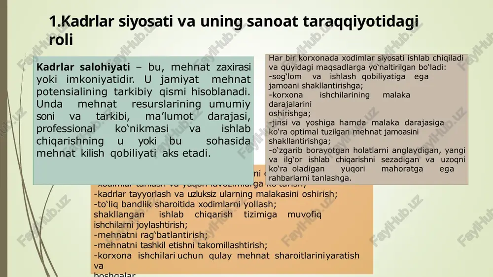 ulushini ifodalaydi. salbiy sabablar bilan ishdan bo‘shaganlar tarkibiga o‘z arizasi bilan bo‘shaganlar ham kiradi. ushbu ko‘rsatkichni aniqlash uchun quyidagi formuladan foydalanish mumkin: ms.kun = ms.salb / ms. mehnat salohiyatining turg‘unligi ham uning holatini ifodalovchi muhim ko‘rsatkichlardan biridir. buni shu korxonada (firmada, kompaniyada) uch yildan ortiq ishlagan xodimlar sonini (ms 3 yildan ko‘p ishlaganlar) mehnat salohiyatining umumiy miqdoriga bo‘lish yo‘li bilan aniqlash mumkin: ms.tur = ms 3 yildan ortik ishlaganlar / ms. mehnat salohiyatibilan ta’minlanganlikni ifodalashuchun quyidagi asosiy ko‘rsatkichlar tizimidan foydalaniladi: . mehnat salohiyatining natijaviyligi (ms.n) natijaning mehnat salohiyatiga nisbati bilan aniqlanadi. agar natijani «q» deb belgilasak, uning mehnat salohiyatiga (ms) nisbati, ya’ni mehnat salohiyatining natijaviyligi quyidagicha aniqlanadi: ms.n=q/ms. mehnat salohiyatining rentabelligi (ms.r) har bir mehnat salohi- yati birligiga to‘g‘ri keladigan foyda (f) miqdorini ifodalaydi. uni aniqlash uchun foyda summasining mehnat salohiyatiga (ms) nisbati olinadi: ms.r=f/ms. mehnat salohiyatining daromadliligi (ms.d) ham uning samara- dorligini ifodalovchi muhim ko‘rsatkichlardan biridir. uni aniqlash uchun …