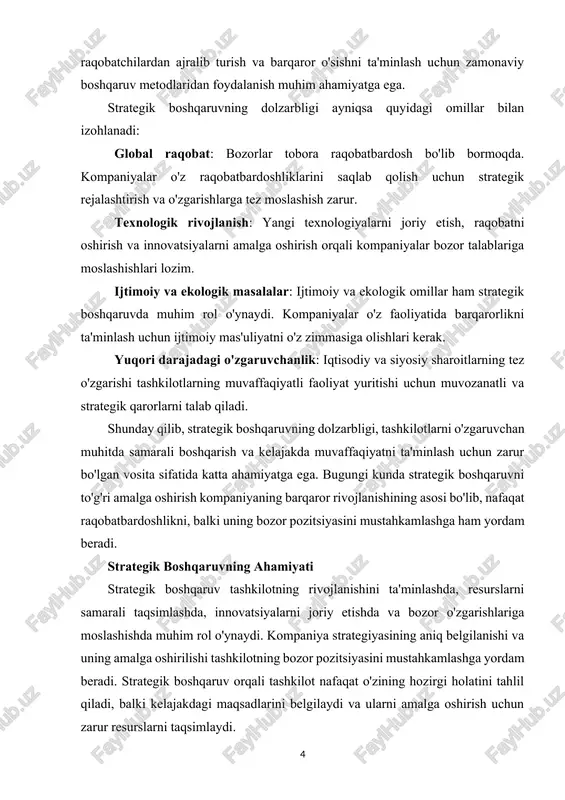 zor sharoitlariga tezda moslashish va o'zgarishlarga javob berishga yordam beradi. shu bilan birga, strategik boshqaruv tashkilotlarni tashqi va ichki omillarni hisobga olgan holda samarali boshqarishga, yangi imkoniyatlardan foydalanishga va oldindan tahmin qilishga imkon beradi. bu jarayon kompaniyaning uzoq muddatli muvaffaqiyatini ta'minlash va barqaror rivojlanishini ko'zda tutadi. strategik boshqaruvning ahamiyati nafaqat iqtisodiy samaradorlikni oshirish, balki tashkilotning ijtimoiy mas'uliyatini oshirishga ham bog'liq. tashkilotlar bozor sharoitlarini tahlil qilish, innovatsion yondashuvlarni qo'llash va o'z resurslarini to'g'ri taqsimlash orqali muvaffaqiyatli rivojlanishga erishadilar. kurs ishining maqsad va vazifalari maqsadi: ushbu kurs ishining asosiy maqsadi strategik boshqaruvning mohiyati, zarurati va uning tashkilotlar uchun ahamiyatini chuqur o'rganishdir. kurs ishida strategik boshqaruvning asosiy tamoyillari, ishlab chiqarish bosqichlari, strategiyani baholash parametrlari va uni amaliyotga tatbiq etishning turli usullari ko'rib chiqiladi. maqsad, kompaniyalar tomonidan strategik boshqaruvni muvaffaqiyatli amalga oshirish uchun zarur bo'lgan nazariy va amaliy bilimlarni shakllantirish va ularni real biznes sharoitlarida qo'llashni ko'rsatishdir. kurs ishida shuningdek, zamonaviy bozorlarda raqobatbardoshlikni oshirish …