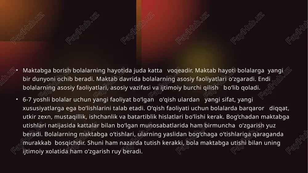 ajralibturadi. ta’limga psixologik tayyorlik maktab ta’limiga tayyorlanayotgan bolada diqqati nisbatan uzoq muddatli va shartli barqaror bo‘ladi. bola diqqatining xususiyatlari rolli va syujetli o‘yinlarda, rasm chizish va qurish-yasash mashg‘ulotlarida, loy hamda plastilindan o‘yinchoqlar tayyorlashda, o‘zgalar nutqini idrok qilish va tushunishda, matematik amallarni yechishda, hikoya tinglash va tuzishda ko‘rinadi. bola o‘z diqqatini muayyan obyektga tuplashga intiladi. uning xotirasi qizikarli, ajoyib­ garoyib, kishini taajubga soladigan ma’lumot va xodisalarni puxta esda olib kolish, esda saklash, esga tushirish imkoniyatiga ega bo‘ladi. shu davrgacha bevosita kattalar raxbarligida u yoki bu axborotlarni o‘zlashtirib kelgan bo‘lsa, endi o‘z xoxish-irodasi bilan zarur ma’lumotlar tuplashga, o‘z oldiga anik maqsad va vazifa qo‘yishga harakat qiladi. bolaning ana shu faolligi xotirasining muayyan darajada rivojlanganligini bildiradi. u she’r, hikoya va ertaklarni esda qoldirish uchun ko‘p takrorlashi, yod olishning eng qo‘lay yo‘l va usullaridan foydalanishi ta’lim jarayonida unga juda qo‘l keladi. birinchi sinf o‘quvchisi ko‘pincha obrazli xotiraga suyanib bilish faoliyatini tashkil etsa ham, bu …