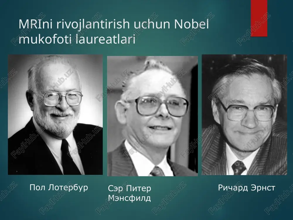 ya aksial kesimda * a- pons b- 4-qorincha c-yon qorincha d-gipofiz e-miyacha f-qadoqsimon tana g-ko’ruv tepaligi h-o’rta miya suniy kontrastlash gadoliniy (gd3+) – paramagnetic metall gadoliniy xelat – toksik emas kontrast agenti qon oqimi ko'paygan joylarda, shuningdek, gemato-to'qimalar to'sig'i shikastlanganda hujayradan tashqarida to'planadi. gd gd gd gd * t2-da t1- tomogramma gd yuborilgandan keyin kontrastlash namunasi – venoz angioma * bo’yin qon tomirlari mr-angiografiyasi aorta yelka-bosh poyasi umumiy uyqu arteriyasi o’mrovosti arteriyasi umurtqa arteriyasi umumiy uyqu arteriyasi ichki uyqu arteriyasi tashqi uyqu arteriyasi * virtual mr-angioskopiya najmite na izobrajenie dlya zapuska video * klinik maqsadda mrt qo’llanilishi * bosh miya - norma til orqa miya miyacha ko’prik gipofiz peshona qismi qadoqsimon tana ensa qismi gipofiz xiazma opticus tepa qismi yon qorincha * bosh miya - norma ensa qismi miya oyoqchalari gippokamp ko’ruv nervi tepa qismi miyacha pons to’rtinchi qorincha uchlik nerv bazilar arteriya * golovnoy mozg - norma lobnie doli …