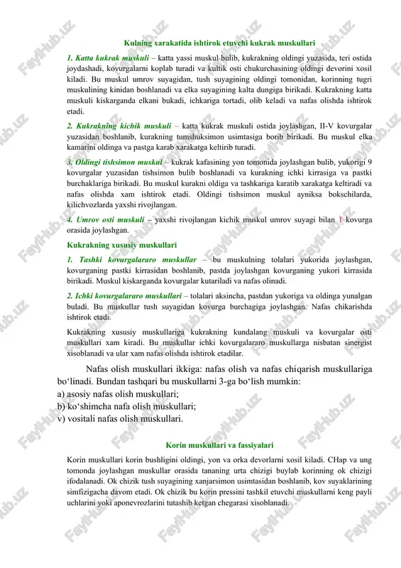 kinsi guruxga chukur joylashgan muskullar kirib, ular nafas olishda va kukrak kafasini xarakatlarida ishtirok etadi. bularga tashki va ichki kovurgalararo muskullari, kukrakning kundalang muskuli kiradi. kulning xarakatida ishtirok etuvchi kukrak muskullari 1. katta kukrak muskuli – katta yassi muskul bulib, kukrakning oldingi yuzasida, teri ostida joydashadi, kovurgalarni koplab turadi va kultik osti chukurchasining oldingi devorini xosil kiladi. bu muskul umrov suyagidan, tush suyagining oldingi tomonidan, korinning tugri muskulining kinidan boshlanadi va elka suyagining kalta dungiga birikadi. kukrakning katta muskuli kiskarganda elkani bukadi, ichkariga tortadi, olib keladi va nafas olishda ishtirok etadi. 2. kukrakning kichik muskuli – katta kukrak muskuli ostida joylashgan, ii-v kovurgalar yuzasidan boshlanib, kurakning tumshuksimon usimtasiga borib birikadi. bu muskul elka kamarini oldinga va pastga karab xarakatga keltirib turadi. 3. oldingi tishsimon muskul – kukrak kafasining yon tomonida joylashgan bulib, yukorigi 9 kovurgalar yuzasidan tishsimon bulib boshlanadi va kurakning ichki kirrasiga va pastki burchaklariga birikadi. bu muskul kurakni …