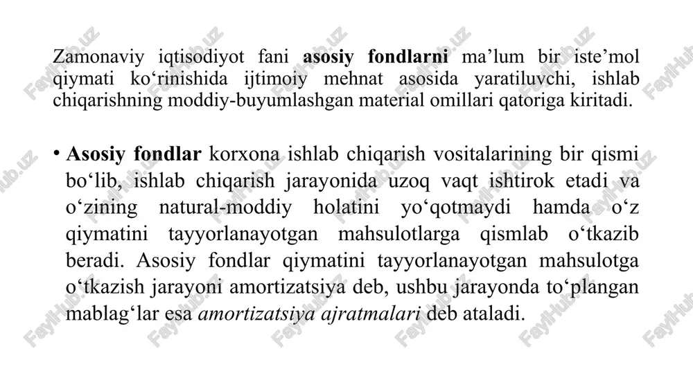 il mobaynida kiritiluvchi quvvati; qchiq – yil davomida ishlab chiqarishdan chiqariluvchi (yo‘q qilinuvchi) quvvat; n1 , n2 – ishlab chiqarish quvvatlarini ishga tushirishdan yoki tugatilgan ishlab chiqarish quvvatlari yo‘q qilingandan to yil oxirigacha o‘tgan to‘liq oylar soni. korxonaning aylanma mablag‘lari aylanma fondlar – bu ishlab chiqarish jarayonida bir marta qatnashib, o‘z qiymatini tayyor mahsulotga o‘tkazib, o‘z shaklini ham o‘zgartiradigan, butunlay yo‘qotib yuboradigan mehnat buyumlaridir. aylanma fondlarga ishlab chiqarish jamg‘armalari va ishlab chiqarishdagi mablag‘lar, tugallanmagan ishlab chiqarish va kelgusi davr xarajatlari kiradi. ishlab chiqarish jamg‘armalari aylanma fondlarning asosiy qismini tashkil etadi. bu korxonalarga keltirilgan, lekin ishlab chiqarish jarayonida hali foydalanilmagan mehnat buyumlari, xususan, xom-ashyo, yarim tayyor mahsulotlar, yoqilg‘i, asosiy va yordamchi materiallar, energiya, ta’mirlash uchun ehtiyot qismlar, xo‘jalik jihozlari va tez yemiriluvchi buyumlardan iborat. aylanma fondlarning yana bir qismini tugallanmagan ishlab chiqarish tashkil etadi. ular ishlab chiqarish jarayoniga allaqachon tushgan, lekin ishlov berish tugamagan mehnat buyumlaridir. bularga korxona o‘zi yaratgan, lekin …