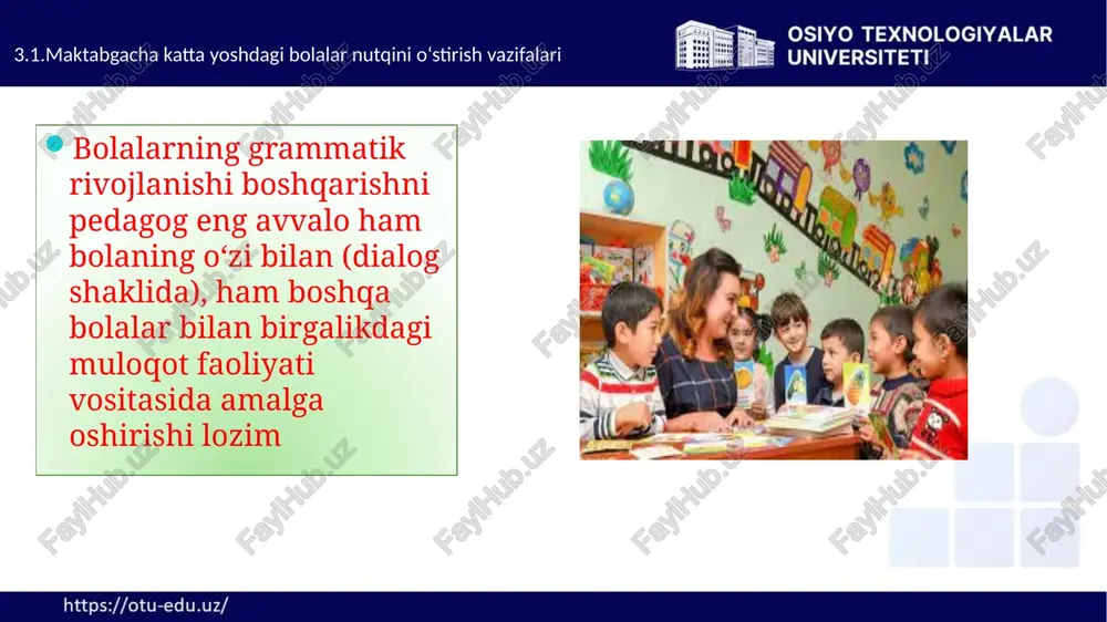 la nutqining ifodaliligini shakllantirish, to‘g’ri sur’at, nafas olish, yaxshi diksiyani mashq qilishda yordam beradi didaktik o‘yinlar nutqiy mahorat va ko‘nikmalarni mashq qilishda (ibora tuzish, so‘zni o‘zgartirish, hikoya to‘qish va h.q.) qo‘llaniladi. 3.2.maktabgacha katta yoshdgi bolalar bilan muloqot kichik,katta guruhlar pedagogi maishiy buyumlar nomlarini, ularning qismlari, sifati, xususiyati, qo‘llanish maqsadini batafsil tushuntirsa, ular bilan tegishli harakatlarni amalga oshirsa va buni sharhlab bersa, bolalarga savol bersa, ularga maishiy lug’atdan foydalanishni o‘rgatsa bolalarning lug’ati boyiydi. 3.3.maktabgacha katta yoshdgi bolalar uchun rivojlantiruvchi markazlarda ishlash usullari maktabgacha katta yoshdagi bolalar bilan muloqot. katta yoshli kishi ta’sirida bolada muloqotning yangi – vaziyatdan tashqari-shaxsli shakli vujudga keladi, unda bola «odamlar olami»ga qarab ish tutadi. bola odamni jamiyatning vakili deb biladi, ijtimoiy olamdagi o‘zaro bog’liqlikni o‘zlashtiradi 3.3.maktabgacha katta yoshdgi bolalar uchun rivojlantiruvchi markazlarda ishlash usullari. maktabgacha katta yoshdagi bolalar faqat kattalarning xayrihoh diqqat-e’tiborlariga va ular bilan hamkorlik qilishga emas, balki kattalarning ularni hurmat qilishlariga, o‘zaro bir-birini tushunish va …
