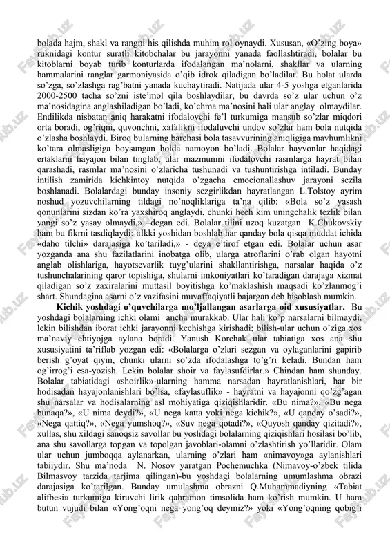 q ayrim so’zlar ifodalagan ma’noni anglay boshlaydi: «ashshalom», qo’lingni ber», «o’tir» kabi so’zlarga harakati bilan javob qaytaradi. bir yoshga to’lganida esa, o’ntacha so’zni tushunadi va ayta oladi. ikkinchi yoshi davomida bola anglaydigan va ayta oladigan so’zlar miqdori 300 tagacha etadi. bu davrda u ochlikni, chanqoqlikni, issiq-sovuqni, og’riqni tuyadigan bo’ladi, shu tuyg’ularni ifodalash ehtiyoji tovush tiliga ko’chadi: g’udranadi, ingshayadi, xullas, allaqanday tovushlar yig’indisidan iborat so’qma so’zlar vositasida «gapirgan» bo’ladi. shu jarayonda nutq organlari rivojlana boradi va yangi-yangi tovushlarni aytishga chog’lanadi yoki aytishni o’zlashtiradi. tasavvur qila bilasizmi-chaqaloq dunyoga kelganida «ing’a» yoki «inga» deya yig’laganida nutq a’zolari atigi uchtagina tovushni aytishga qodir bo’lgani holda endilikda 300 tacha so’zni ifodalash qadar nutq tovushlarini o’zlashtirishga erishadi! ular lug’atidagi so’zlarning aksariyati bir yoki ikki bo’g’inli bo’lib, asosan, unli tovushlarning faolligi bilan ajralib turadi. buning sababi-unli tovushlarning cho’ziluvchanligi va musiqiyligida. bola dastlab u yoki bu unli tovushni cho’zibroq ayta turib, o’z nutq a’zolarining shakllanishini ta’minlaydi, shu yo’l …