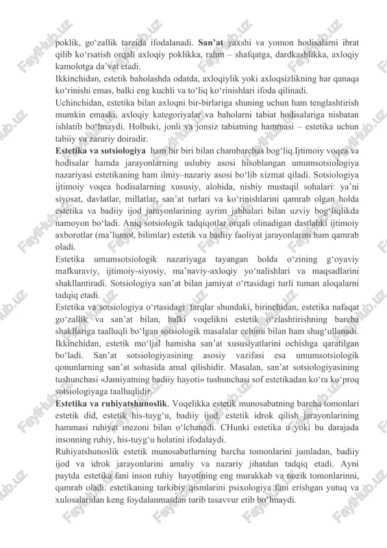 etika – yaxshilik haqidagi ta’limot, bo‘lsa estetika - go‘zallik haqidagi ta’limot bo‘lib, ular bir-birini doimo to‘ldirib turadi. lekin shunga qaramasdan ular o‘ziga xos tarzda quyidagicha farqlanadi: birinchidan, axloqiy baho berishda fakt, haqiqat, so‘z, nutqning -mazmuni muhim bo‘lib, ifoda qilish shakliga deyarli ahamiyat berilmaydi. estetik baho mazmun va shaklning garmonik birligi bilan bevosita bog‘liqdir. shuning uchun u his-tuyg‘u organlarining real faktlar va hodisalar, odamlar, konkret san’at asarlari bilan bevosita munosabatida paydo bo‘ladi. axloqiy-ma’naviy tasavvurlar hech qanday konkret his-tuyg‘uga ega bo‘lmagan umumiy mulohazalar, mavhumiy g‘oyalar, abstarkt tushunchalar shaklida ham ifoda etilishi mumkin. holbuki, estetika doirasi ko‘rinib va eshitilib turgan olamdan iborat. san’at va axloq munosabatlariga 3 uslub bo‘yicha yondashiladi. 1.«axloqiy». «badiiy ijodni axloq - odobga bo‘ysundirish, ezgulikni san’atning birdan-bir va eng oliy maqsadi sifati targ‘ib ettirishdir. bunga aflotun, russo, a.tolstoy qarashlarni misol keltirish mumkin. 2.san’atni axloqdan «ozod qilish» uslubi. axloqiylik ruhi san’at erkinligini bug‘adi, natijada nafosatni halokat yoqasiga olib keladi. san’at ezgulikdan …