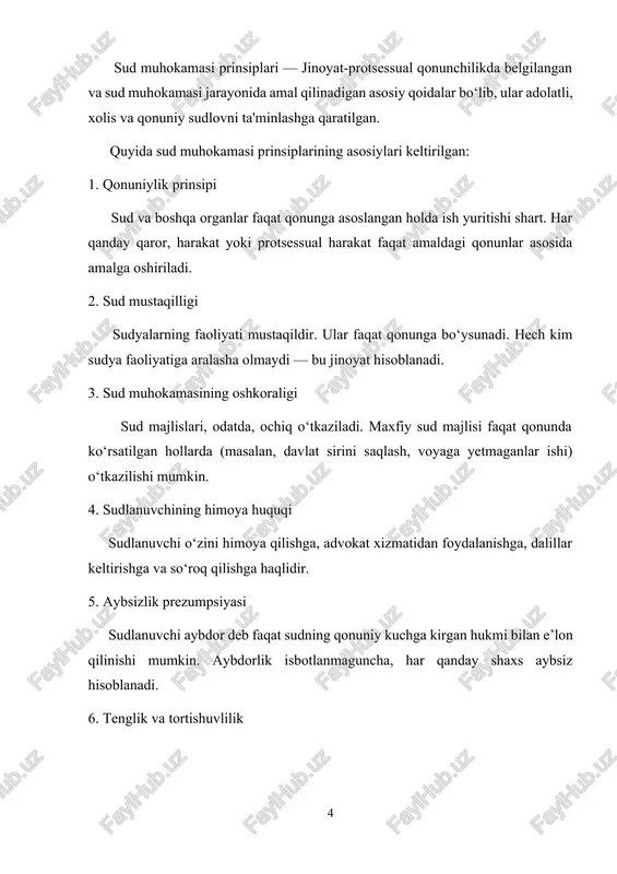 il qilish; 4. amaliyotda ushbu prinsipning qo‘llanilish holatini o‘rganish, sud amaliyoti misollarida tahlil qilish; 5. chet el sud tizimlarida tortishuvlik prinsipining qo‘llanishini solishtirish asosida tajriba almashish imkoniyatlarini ko‘rib chiqish; 6. sudlarda tortishuvlik prinsipini to‘laqonli joriy etish va takomillashtirish bo‘yicha takliflar ishlab chiqish. kurs ishining o'rganilganlik darajasi: sudlarda tortishuvlik prinsipi — huquqshunoslik fanida, xususan, protsessual huquq sohasida muhim va dolzarb mavzulardan biri bo‘lib, u xorijiy va mahalliy huquqshunos olimlar tomonidan turli jihatlari bilan o‘rganilgan. mazkur prinsipning nazariy asoslari rim huquqi davridan boshlab shakllangan bo‘lib, u angliya, aqsh, frantsiya, germaniya kabi davlatlarning sud tizimlarida keng tatbiq etilgan va ilmiy jihatdan chuqur tahlil qilingan. o‘zbekiston huquqshunoslik ilm-fanida ham sud muhokamasining tortishuvlilik tamoyili bo‘yicha ayrim tadqiqotlar mavjud. xususan, m. rustamov, s. saidov, b. matmuratov, sh. yusupov, r. karimov kabi olimlarning asarlarida mazkur prinsipning nazariy asoslari, sud amaliyotidagi qo‘llanilishi va takomillashtirish yo‘nalishlari tahlil qilingan. shuningdek, o‘zbekiston respublikasi konstitutsiyasi, jinoyat-protsessual kodeksi, fuqarolik-protsessual kodeksi va boshqa normativ …