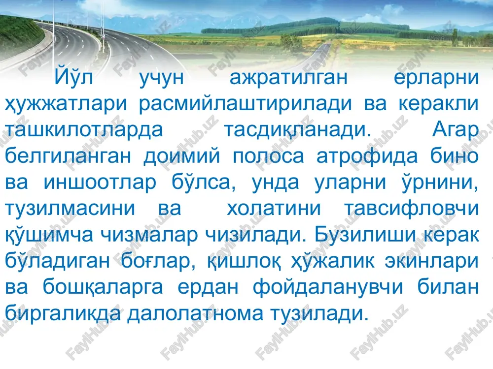 rab farqlanadi. agar bu o'zgarishlar yo'l poyi o'zining mustahkamligi va turg'unligini yo'qotadigan chegaradan tashqariga chiqib ketsa, birinchi galda uni namlanishdan va xaroratni tez o'zgarishidan saqlovchi inshoot qurish kerak. yo'l poyini namlanish turlari: a-ko'tarmada; b-o'ymada; 1-atmosfera yog'inlari; 2-yuza suvlari; 3-singuvchi suv; 4-bug'simon suv; 5-plenkali suv; 6-kapillyar suv; gss-grunt suvlari sathi atmosfera suvlari yomg'ir va erigan qor ko'rinishida bo'lib suv o'tkazmaydigan qoplamani ustidan yo'l yoqasiga, keyin yon qiyaliklardan – yon ariqlarga oqadi. yog'inlar jadal bo'lganda oquvchi suvlar yo'l yoqasini va qiyaligini yuvishi, ariqlardan toshishi, ularni yuvib yo'l poyiga singishi, ularni namlashi mumkin. bo'ylama qiyaligi bo'lgan yo'llarda oqimni ta'siri kuchayada va yo'l to'shamasini chetida yo'l yoqasini yuvilishi, ulardan suv oqib o'tgan joyida ko'tarmani yuvilishi ro'y beradi. yo'l poyini saqlash uchun uni yuzasi va yo'l yoqasi mustahkamlanadi, suv qochiruvchi ariqlar kovlanadi, har xil suv qochiruvchi inshootlar quriladi. * o'ymalarda suv, atrof joylardan oqib keluvchi, yo'l yoqasini yuvib surilish hosil qilishi mumkin. suvni o'ymaga kirishini …