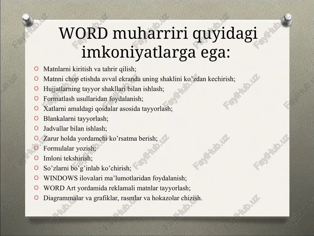 quyidagilar bajariladi: 1) papka: qatoriga fayl saqlanuvchi papka to'g'rilanadi; 2) imya fayla: qatoriga saqlanuvchi fayl nomi yoziladi (ixtiyoriy); 3) tip fayla: qatoriga saqlanuvchi fayl turi to'g'rilanadi; 4) soxranit tugmachasi yoki enter tugmasi bosiladi. papka qatori fayl nomi yoziluvchi qator fayl turini aniqlovchi qator faylni saqlash 2. klaviatura yordamida bajarish. shift (ctrl) tugmasi bilan f12 (s) tugmalari birgalikda bosiladi va quyidagilar bajariladi. 1) papka: qatoriga fayl saqlanuvchi papka to'g'rilanadi; 2) imya fayla: qatoriga saqlanuvchi fayl nomi yoziladi (ixtiyoriy); 3) tip fayla: qatoriga saqlanuvchi fayl turi to'g'rilanadi; 4) soxranit tugmachasi yoki enter tugmasi bosiladi. microsoft word dasturida hujjatni saqlash: shift f12 + s ctrl + microsoft word dasturida hujjatni formatlash, shriftlarni o'zgartirish: matn kompyuter xotirasiga kiritilgandan so'ng, uni bosmaga qulay va chiroyli tartibda, hujjatning mazmunini bo'rttirib ko'rsata oladigan ko'rinishda tayyorlash zarur bo'ladi. bu vazifani menyuning format bo'limi amalga oshiradi. uning bandlari mohiyati quyidagicha: shrift bandi – harflarning turi, o'lchami, rangi, yozilish usuli …