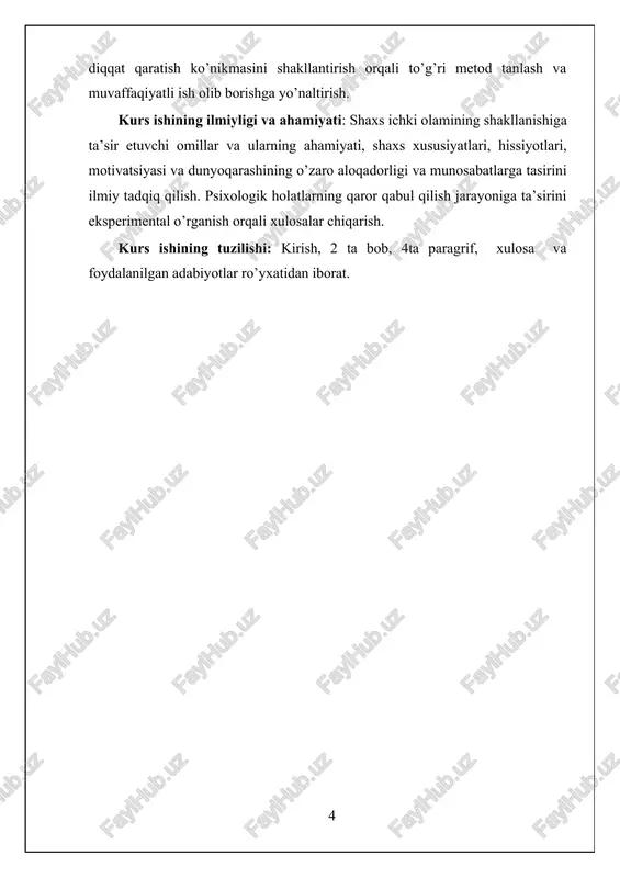 o‘zlikni anglash: shaxsning ichki olamining shakllanishida psixologik rivojlanishning alohida o‘rni bor. psixologik nazariyalar, masalan, erik eriksonning psixosotsial rivojlanish nazariyasi, shaxsning turli yosh davrlarida o‘ziga xos vazifalarni hal qilishini ta'kidlaydi. har bir rivojlanish bosqichi shaxsiyatning shakllanishiga va ichki dunyosining o‘zgarishiga sabab bo‘ladi. o‘zlikni anglash jarayoni esa shaxsning o‘z kimligini tushunishi, o‘zini qabul qilishi va boshqalar bilan aloqalarini o‘rnatishdagi muvaffaqiyatini belgilaydi. 5. tajribalar va shaxsiy o‘sish: shaxsning ichki olami va uning rivojlanishi ko‘plab shaxsiy tajribalarga asoslanadi. muvaffaqiyatlar, xatoliklar, sinovlar va o‘rganish jarayonlari shaxsning o‘zini anglashiga va yangi qiymatlarni qabul qilishiga yordam beradi. hayot davomida yuzaga kelgan muammolar, masalan, yo‘qotishlar, muvaffaqiyatsizliklar yoki katta yutuqlar shaxsiyatni shakllantiruvchi muhim tajribalardir. 6. o‘zgaruvchanlik va moslashuvchanlik: shaxsning ichki olami doimo o‘zgarib boradi. shaxsiyat bir marta shakllanib qolmaydi, balki hayot davomida, yangi tajribalar va muhitga moslashish jarayonida o‘zgaradi. bu jarayon psixologik o‘sish va moslashuvchanlikni talab qiladi. shaxslar o‘z hayotida yuz berayotgan o‘zgarishlarga qanday javob berishlarini belgilash orqali o‘z …