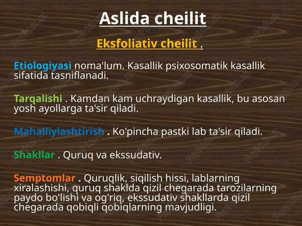 n planus yoki qizil qizil yuguruk). mahalliylashtirish . qizil chegaraning shilliq qavatiga o'tish zonasi, kamroq qizil chegara. semptomlar . uning yuzasidan tupurikning bug'lanishi tufayli qizil chegaraning qurishi. klinik rasm : dudoqlarning qizil chegarasi yuzasida va uning shilliq qavatiga o'tish zonasida kichik tuprik bezlarining kengaygan teshiklari qizg'ish nuqta shaklida ochiladi; ularning ustida tomchilar shaklida tupurik to'planishi mavjud; dudak yuzasidan tupurikning bug'lanishi quruqlik, surunkali yoriqlar va so'lak bezlari chiqarish yo'llarining og'izlari atrofidagi shilliq qavat sohalarining keratinlanishiga olib keladi. tashxis : klinik ko'rinishlarga asoslangan. davolash: soch elektrodi yordamida tuprik bezining elektrokoagulyatsiyasi. agar patologik jihatdan o'zgartirilgan bezlar ko'p bo'lsa, tegishli hududni jarrohlik yo'li bilan kesish mumkin. bez bilan cheilitis, asosiy kasallikni davolash kerak. prognoz: ijobiy. buni bilish muhim! bezli cheylit fonidan, labning qizil chegarasining saratondan oldingi kasalliklarning rivojlanishi mumkin! allergik cheilit bilan aloqa qiling . u lablarning qizil chegarasini, kamroq og'iz bo'shlig'i shilliq qavatining kimyoviy moddalarga sezgirligi natijasida rivojlanadi. lab bo'yog'i, tish pastalari va …