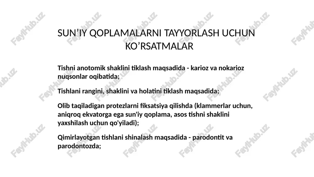 aqtinchalik qoplama ishlov beriladi. vaqtinchalik sementga fiksatsiya qilinadi. bilvosita usul 1. sun'iy qoplama uchun kerak tish charxlanadi; bilvosita usul 2. tish qatoridan qolip oluvchi material yordamida qolip(nusxa) olinadi; bilvosita usul 3. qolip(nusxa)da gips model quyiladi; bilvosita usul 4. tish texnigi gips modelda maxsus mum yordamida sun'iy qoplamani prototipini modellashtiradi. bilvosita usul 5. mum maxsus apparat yordamida plastmassaga almashtiriladi; bilvosita usul 6. vaqtinchalik qoplamaga ishlov berish; bilvosita usul 7. vaqtinchalik qotiruvchi material yordamida vaqtichalik qoplama fiksatsiya qilinadi. ris. 1 a, 6. sxematicheskoe izobrajenie metallokeramicheskoy koronki na zube v razreze. zub obrabotan pod koronku bez ustupa, s tak nazivaemim «nojevidnim» preparirovaniem. ris. 2. sxematichnoe izobrajenie idealnogo sootnosheniya zuba i koronki ris. 3. plecho perekrivaetsya metallom i keramikoy. rekomenduetsya na vestibulyarnoy poverxnosti dlya sozdaniya bolee estetichnogo vida koronki ris. 4. plecho so skosom perekrivaetsya metallom. obespechivaet bolee tochnoe prileganie. osobenno pokazan pri nizkoy klinicheskoy koronke zuba metallicheskaya girlyanda ris. 5. zakruglenniy ustup so …