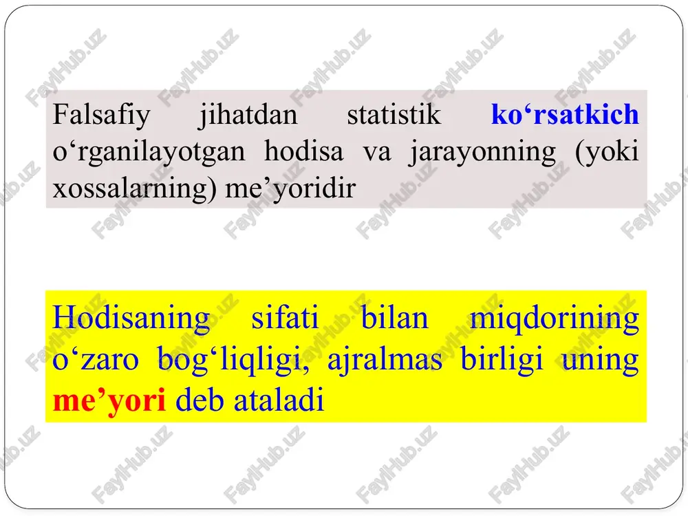 otganto’plamningharbirbirliginiemas, balkiuningyig’indisinita’riflovchimiqdorlar a mutlaq miqdorlar quyidagicha ifodalanadi: natura; pulda shartli natura birliklarida; ommaviy hodisa va jarayonlarni bilish va o‘rganishda mutlaq miqdorlar muhim qurol vazifasini o‘ynasa-da, ammo ular bilan cheklanib qolish mumkin emas. mutlaq miqdorlar o‘rganilayotgan voqelik qanday tezlikda rivojlanayotganligini, uning takrorlanish intensivligini aniqlamaydi. buning uchun nisbiy miqdorlar qo‘llanadi. nisbiy miqdorlar- solishtirilayotgan hodisalar va belgilarning o’xshashlik tomonlari va farqlarini aniqlash imkonini beradi. nisbiy miqdorlar - o’rganilayotgan voqelik qanday tezlikda rivojlanayotganligini, uning takrorlanish intensivligini aniqlaydi. ular qiyosiy tahlilni chuqurlashtirish va tafakkurimizni boyitish uchun hizmat qiladi. nisbiy miqdorlar deb, ikki mustaqil mutloq miqdorlarni o’zaro nisbatidan kelib chiqadigan natijalar tushuniladi. bazis miqdor nisbiy miqdorlarning ifodalanishi shartli belgisi misol 1 koeffisient 1 1,234 100 foiz % 123,4 1 000 promille ‰ 1234 10 000 prodisimille 0/0000 12340 1-jadval nisbiy miqdorlarning ifodalanishi taqqoslash shakllari miqdorlar nisbatini aniqlash miqdorlar orasidagi farqlarni aniqlash dinamikada taqqoslash fazoda taqqoslash normativ bilan taqqoslash obekt belgilarni taqqoslash o’zaro bog’langan korsatkichlarni t. to’plam …