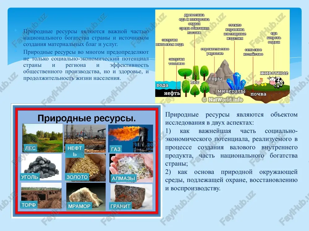 ya morskix vod i dr., - istochniki biologicheskiy konversionnoy energii – ispolzovanie toplivnoy drevesini, proizvodstvo biogaza iz otxodov selskogo xozyaystva, - yadernoe sire, ispolzuemoe dlya polucheniya atomnoy energii; b. neenergeticheskie, vklyuchayushie podgruppu prirodnix resursov, kotorie postavlyayut sire dlya razlichnix otrasley promishlennosti ili je uchastvuyut v proizvodstve po texnologicheskoy neobxodimosti: - poleznie iskopaemie, ne otnosyashiesya k gruppe kaustobiolitovoe, - vodi, ispolzuemie dlya promishlennogo vodosnabjeniya, - zemli, zanyatie promishlennimi ob'ektami i ob'ektami infrastrukturi, - lesnie resursi, postavlyayushie sire dlya lesoximii i stroitelnoy industrii, - ribnie resursi – otnosyatsya k dannoy gruppe uslovno, t.k. v nastoyashee vremya dobicha ribi i obrabotka ulova priobreli promishlenniy xarakter. 2. resursi selskoxozyaystvennogo proizvodstva. oni ob'edinyayut vidi resursov, uchastvuyushix v sozdanii selskoxozyaystvennoy produktsii: a) agroklimaticheskie – resursi tepla i vlagi, neobxodimie dlya produtsirovaniya kulturnix rasteniy ili vipasa skota; b) pochvenno-zemelnie resursi – zemlya i eyo verxniy sloy – pochva, obladayushaya unikalnim svoystvom produtsirovat biomassu, rassmatrivayutsya i kak prirodniy …