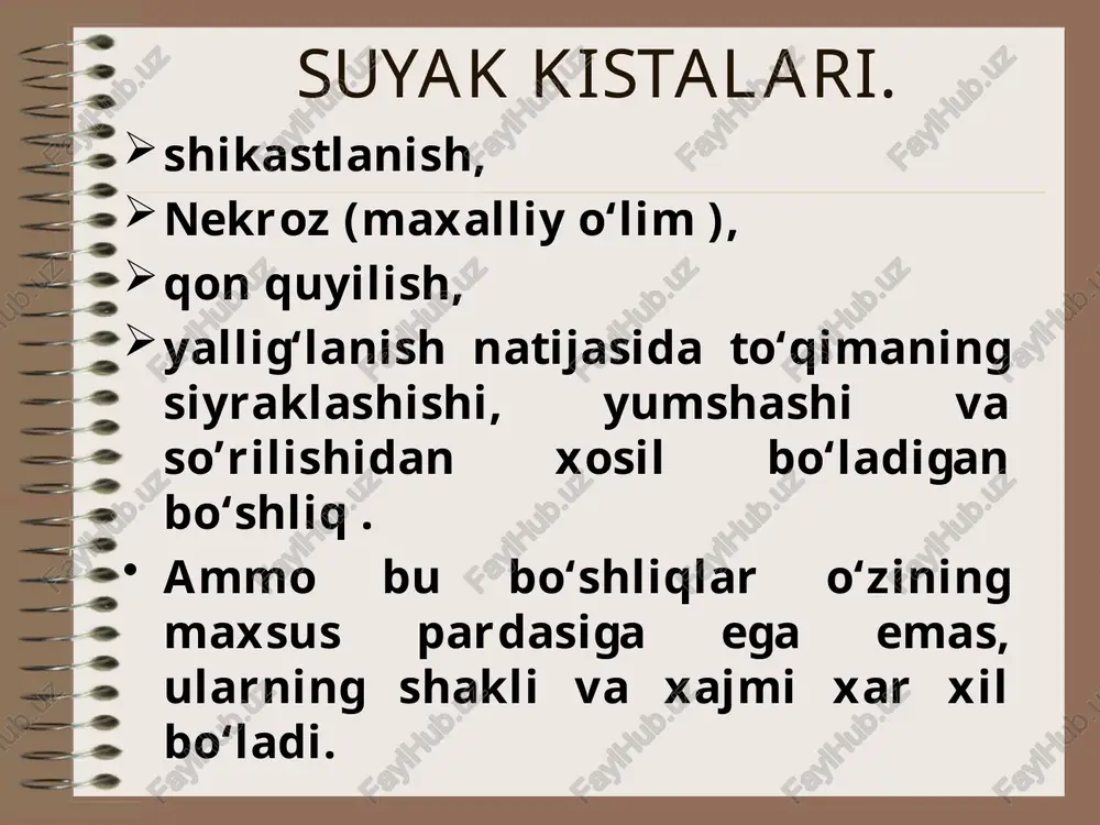 ida namoyon bo’ladigan, kam uch-raydigan irsiy kasalligi. xarakterli tomoni bemorlarning yuzi dumaloq ko'rinishga kirib qolganligi sababli, 1933 yilda bu kasallikni birinchi marta tasvirlab bergan jons (v. a. jons), bu ko’rinish farishtalarning yuzlari tasviriga o’xshash deb aytgan va kasallikni xeruvizm deb atagan. xeruvizm oilaviy irsiy kasallik bo'lib, ona va ota orqali meros bo'lib o'tadi. kasallik 1-3 yoshlarda ko’zga tashlana boshlaydi, 4-12 yoshlarda tez rivojlanadi, balog’atga etish jarayonida (14-17 yosh) suyak shakllanishi normaga qaytadi. eozinofil granuloma - suyaklarning destruktiv shikastlanishi bilan davom qiluvchi, gistotsitlarning fa-ollashuvi natijasida ulardan granulomalarning shakl-lanishi bilan davom qiluvchi o’smasimon hosila. ushbu kasallikning boshqa nomlari taratinov kasalligi, gistiyositoz x. terida, limfa tugunlarida, oshqozon, o‘pka va suyaklarda xamda jag‘da uchraydigan, allergiya va yallig‘-lanishga bog‘liq o‘smasimon xosila. odatda suyakning ichida rivojlanib, keyinchalik po‘stloq qismiga o‘tib, yemiradi, ammo xavfsiz kechadi. eozinofil granulema maxalliy o‘zgarish bo‘lib, o‘lchami bir necha santimetr bo‘lishi mumkin. uning tarkibida gistiotsitlar, eozinofillar, limfotsitlar, ko‘p o‘zakli gigant xujayralar, ba'zan fibroblastlar, …