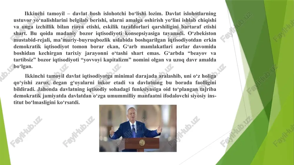 etadi. beshinchi tamoyil – bozor iqtisodiyotiga asta-sekin, bosqichma-bosqich o‘tish. bu tamoyil o‘zbekiston modelining tamal toshi, uning asosiy mezonidir. bozor iqtisodiga o‘tish – bu mavjud iq­ti­so­diy tuzumni ta’mirlab takomillashtirish emas, balki tamoman yangi bo­zor tizimini yaratishni bildiradi. bu yo‘l revolyusion emas, balki evo­lyu­sion yo‘ldir. bu o‘tish davri bir qancha bosqichlarni o‘z ichiga oluvchi uzoq davr ekanini bildiradi va odamlar uchun mutlaqo yangi hayot falsa­fasi hisoblanadi. mazkur tamoyilga binoan islohotlar tadrijiy yo‘l bilan, ular mustabid-rejali iqtisoddan sekin-asta bozor tizimiga o‘tishini, ammo bu ta­­­lofatsiz, larzalarsiz bo‘lishini bildiradi. shoshma-shosharlik bilan bo­­­zor qoidalarini hayotga joriy etib bo‘lmaydi. buning uchun tayyorgarlik va muayyan vaqt ta­­lab qilinadi. bozor munosabatlari shakllanib ulgurmagan sharoitda mav­jud aloqalarni buzib yuborish iqtisodni izdan chiqarishi, aholi tur­mu­shi­­ni keskin pasaytirib, sotsial to‘qnashuvlarga olib kelishi mumkin. o‘zbekiston respublikasining birinchi prezidenti islom karimov ishlab chiqqan milliy model o‘ziga xos bo‘lib, unda bozor iqtisodiyotining ma’lum bir turi yoki mu­­­ayyan bir davlat yo‘li to‘g‘ridan to‘g‘ri ko‘chirib olingani yo‘q. …