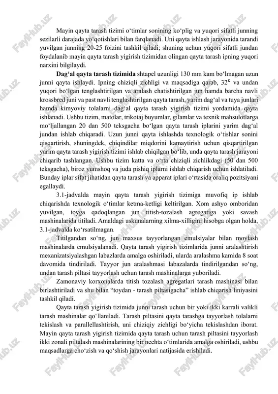 bu davriy mashinalarda qayta tarash va himarish moslamali piliklash mashinasida himarish orqali pilikni zichlash. mayin qayta tarash tizimi o‘timlar sonining ko‘plig va yuqori sifatli junning sezilarli darajada yo‘qotishlari bilan farqlanadi. uni qayta ishlash jarayonida tarandi yuvilgan junning 20-25 foizini tashkil qiladi; shuning uchun yuqori sifatli jundan foydalanib mayin qayta tarash yigirish tizimidan olingan qayta tarash ipning yuqori narxini bilgilaydi. dag‘al qayta tarash tizimida shtapel uzunligi 130 mm kam bo‘lmagan uzun junni qayta ishlaydi. ipning chiziqli zichligi va maqsadiga qarab, 32k va undan yuqori bo‘lgan tenglashtirilgan va aralash chatishtirilgan jun hamda barcha navli krossbred juni va past navli tenglashtirilgan qayta tarash, yarim dag‘al va tuya junlari hamda kimyoviy tolalarni dag‘al qayta tarash yigirish tizimi yordamida qayta ishlanadi. ushbu tizim, matolar, trikotaj buyumlar, gilamlar va texnik mahsulotlarga mo‘ljallangan 20 dan 500 teksgacha bo‘lgan qayta tarash iplarini yarim dag‘al jundan ishlab chiqaradi. uzun junni qayta ishlashda texnologik o‘tishlar sonini qisqartirish, shuningdek, chiqindilar miqdorini …