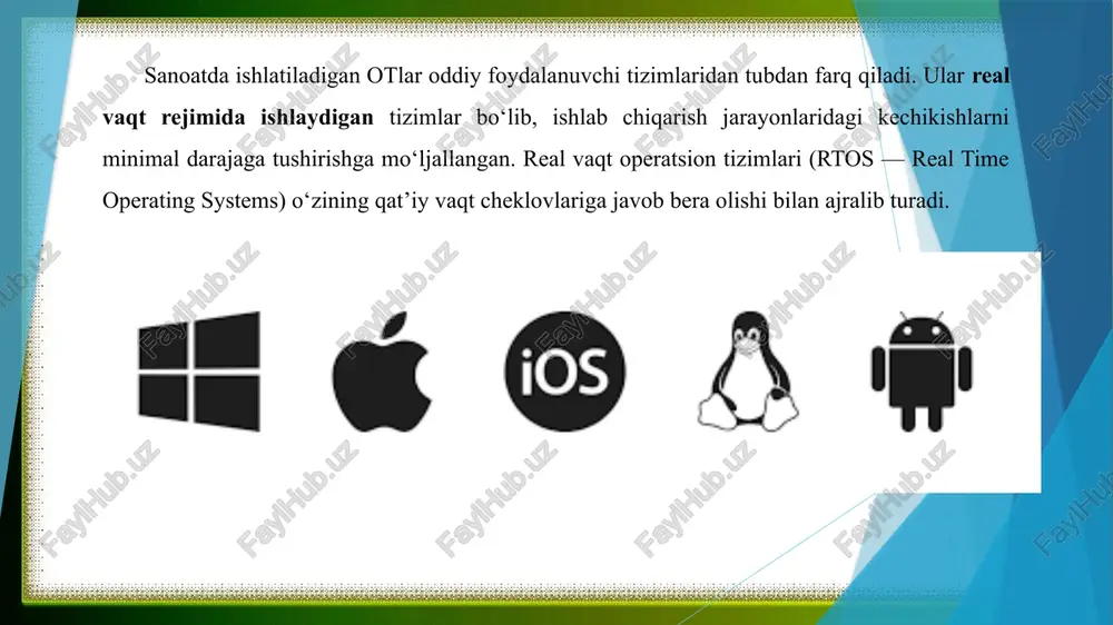 arda qo‘llash imkonini berdi. hozirda linux yadrosi asosida ishlab chiqilgan yuzlab distributivlar mavjud bo‘lib, ular orasida ubuntu, debian, fedora, red hat enterprise linux (rhel), suse linux enterprise kabi versiyalar sanoatda eng ko‘p ishlatiladi. sanoat sohasida linux tizimi asosan ishlab chiqarish jarayonlarini avtomatlashtirish, robototexnika va iot (internet of things) qurilmalarida keng qo‘llaniladi. masalan, ishlab chiqarish liniyalarini boshqaruvchi kompyuter tizimlari ko‘pincha linux asosidagi serverlarda ishlaydi, bu esa tizimning barqaror ishlashini ta’minlaydi. linux’ning rejalashtirish (scheduling) mexanizmi ishlab chiqarish jarayonlarida real vaqtli (real-time) ishlov berish imkonini beradi, bu esa kechikishlarni kamaytiradi va mahsulot sifatini oshiradi. linux operatsion tizimining eng muhim afzalliklaridan biri — bu ochiq kodli bo‘lishidir. bu xususiyat ishlab chiquvchilarga tizimni o‘z ehtiyojlariga qarab moslashtirish imkonini beradi. masalan, avtomobil sanoatida ishlatiladigan autosar (automotive open system architecture) platformalarida linux asosidagi tizimlar keng qo‘llanadi, chunki ular avtomobil ichki elektron tizimlari (masalan, dvigatel boshqaruvi yoki navigatsiya tizimi) bilan mos ishlaydi. shuningdek, energetika sohasida, masalan, elektr tarmoqlarini …