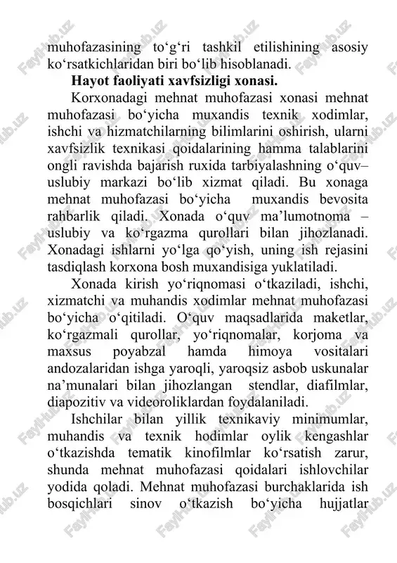 ariga bo‘ysunadi [6]. mehnatni muhofaza qilish xizmati mutaxassislari mehnatni muhofaza qilish qoidalari va normalariga barcha xodimlar tomonidan rioya etilishini nazorat qilish, tarkibiy bo‘linmalarning rahbarlariga aniqlangan qoidabuzarliklarni bartaraf etish to‘g‘risida ijro etilishi majburiy bo‘lgan ko‘rsatmalar berish, shuningdek mehnatni muhofaza qilish masalalari bo‘yicha texnik jihatdan tartibga solish sohasidagi normativ hujjatlar va normativ–huquqiy hujjatlar talablarini buzayotgan shaxslarni javobgarlikka tortish to‘g‘risida tashkilot rahbariga taqdimnomalar kiritish huquqiga ega. mehnatni muhofaza qilish xizmatining vazifalari mehnatni muhofaza qilish sohasidagi xizmatlar bozorining professional ishtirokchilari tomonidan shartnoma asosida amalga oshirilishi mumkin. o‘zbekiston respublikasi xududidagi korxona va tashkilotlarda mehnat muhofazasi tashkil qilish o‘zbekiston respublikasining konstitutsiyasi va mehnat kodeksi, shular bilan birga mehnat qonunlari asosida amalga oshiriladi. o‘zbekiston respublikasi mehnat kodeksining xiii–bobi «mehnatni muhofaza qilish» bo‘lib, shu bobdagi 352–modda –«mehnatni muhofaza qilish talablari»da «barcha korxonalarda xavfsizlik va gigiena talablariga javob beradigan mehnat sharoitlari yaratilgan bo‘lishi kerak. bunday sharoitlarni yaratib berish ish beruvchining majburiyatiga kiradi. ish beruvchi mehnatni muhofaza qilish talablarini buzganlik …