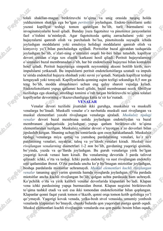 doirasining boshlang’ich qon tomirlari – aorta va o’pka stvoli kiradi. bu arteriyalarning devori katta bosimni va kuchli qon oqimini ko’tarish qobiliyatiga ega. shu sababli elastik tipidagi tomirlar devori ancha pishiq va o’ziga xos tuzilishga ega. elastik tipidagi arteriyalarda ham devori 3 pardadan iborat: a) ichki parda – faqat ikki qavatdan endoteliy va subendoteliydan tuzilgan. ichki elastik membranasi bo’lmaydi; b) o’rta pardaning asosiy qismini konsentrik ravishda joylashgan 40-50 ta elastik darchasimon membranalardan tuzilgan. membranalar orasidan qiyshiq yo’nalgan miotsitlar joylashadi. shu sababli, elastik tipidagi arteriyalar o’ta elastik va cho’ziluvchanlik xususiyalarga ega. tashqi parda siyrak tolali biriktiruvchi to’qimadan iborat bo’lib, uni tarkibida asosan bo’ylama joylashgan elastik va kollagen tolalari uchraydi. aralash yoki muskul-elastik tipdagi arteriyalarga uyqu va o’mrov osti arteriyalari kiradi. pardalarning tarkibi yuqorida ko’rsatilgan arteriyalarga o’xshash. farqli belgisi shundan iboratki, uni o’rta pardasida miotsitlar bilan elastik membra-nalari miqdor jihatdan tengdir. aralash tipdagi tashqi parda devorida ikki qavatni ajratish mumkin: ichki qavat ayrim …
