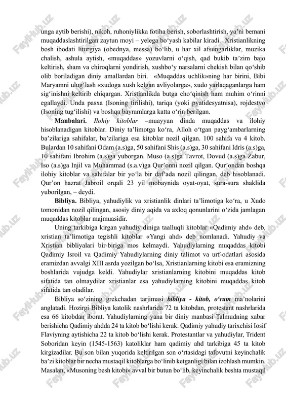 hi (islomda meʼroj) aqidasi bu dunyodagi hayot oxiratdagi mangulikka nisbatan hech narsaga arzimaydi, deb uqtiradi. xristianlikda iymon kalimasi «yagona, muqaddas sobo va opostol cherkovi»ga ishonishni, choʻqintirish zarurligini tan olishni, qiyomatda oʻliklarning tirilishiga, shundan soʻng savob egalariga mangu rohat-farogʻat koʻrish, gunohkorlarga doimiy azob-uqubat tortish davri kelishiga ishonishni buyuradi. diniy gʻoyalar tarkib topishi bilan bir qatorda xristian ibodat marosimlari ham shakllanib borgan. xristian marosimchilikning eng muhim elementlari sirli ibodat (tainstvo) deb yuritiladi. bular qatoriga choʻqintirish (suvga shoʻngʻitib olish), miropomozaniye (choʻqintirilgan kimsaga xushboʻy qatron-miropa surtilgach, «muqaddas ruh»ning huzur-halovati unga oʻtishi); yevxaristiya yoki prichisheniye (non va vinoni isoning tanasi va qoni deb tasavvur etgan holda isteʼmol qilish), tavba qilish(dindorning ruhoniy vositasida xudodan kechirim soʻrashi va oʻz gunohlarini unga aytib berishi), nikoh, ruhoniylikka fotiha berish, soborlashtirish, yaʼni bemani muqaddaslashtirilgan zaytun moyi – yelega boʻyash kabilar kiradi. xristianlikning bosh ibodati liturgiya (obednya, messa) boʻlib, u har xil afsungarliklar, muzika chalish, ashula aytish, «muqaddas» yozuvlarni oʻqish, qad …