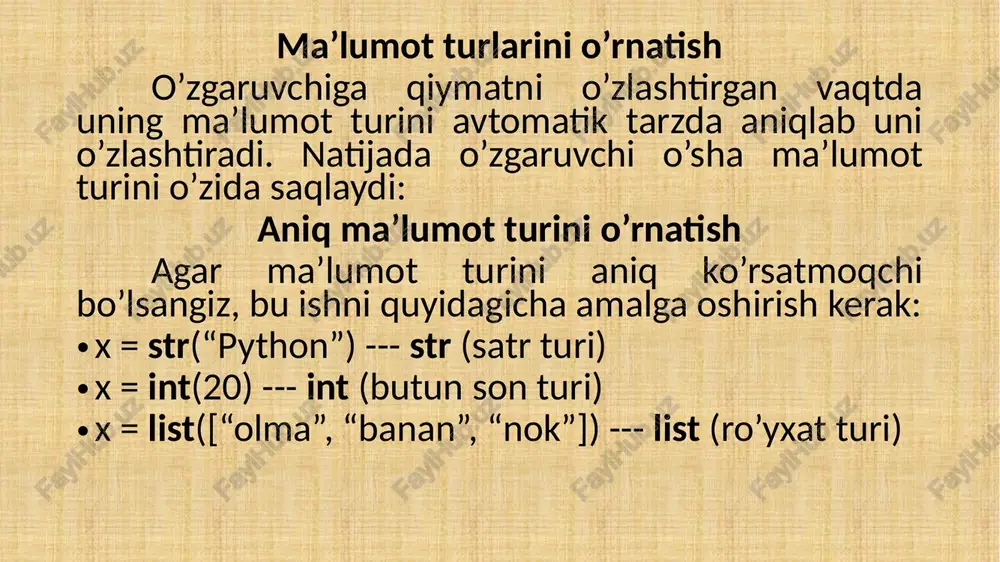 atdan ikkinchi, uchinchi va to’rtinchi elementlarni tanlab olamiz: meva = ["olma", "banan", "apelsin", "nok", "uzum"] print(meva[1:4]) ['banan', 'apelsin', 'nok'] 18 agar indekslar oralig’ida boshlang’ich nuqtani olib tashlasak, tanlash ro’yxat boshidan boshlanadi. agar oxirgi nuqatani olib tashlasak, tanlash ro’yxat oxirigacha davom etadi. quyidagi kodimizda avval ro’yxat boshidan uchinchi elementgacha , so’ngra, ikkinchi elementdan ro’yxat oxirigacha bo’lgan elementlarni ekranga chiqaramiz: meva = ["olma", "banan", "apelsin", "nok", "uzum"] print(meva[:4]) print(meva[1:]) 19 element qo’shish append() funksiyasi bilan ro’yxat oxiridan yangi element qo’shish mumkin: meva = ["olma", "banan", "apelsin", "nok", "uzum"] meva.append("anor") print(meva) ['olma', 'banan', 'apelsin', 'nok', 'uzum', 'anor'] 20 agar elementni ro’yxat oxiriga emas, balki uning ma’lum bir o’rniga qo’shmoqchi bo’lsak insert() funksiyasini ishlatamiz. buning uchun qo’shmoqchi bo’lgan o’rnimizning indeksi ham kiritiladi. masalan hozir ro’yxatning boshiga yangi elemetni qo’shamiz: meva = ["olma", "banan", "apelsin", "nok", "uzum"] meva.insert(0, "anor") print(meva) 21 elementni o’chirish ro’yxatdan elementni o’chirishning bir nechta usullari bor. remove() funksiyasi belgilangan elementni ro’yxatdan …