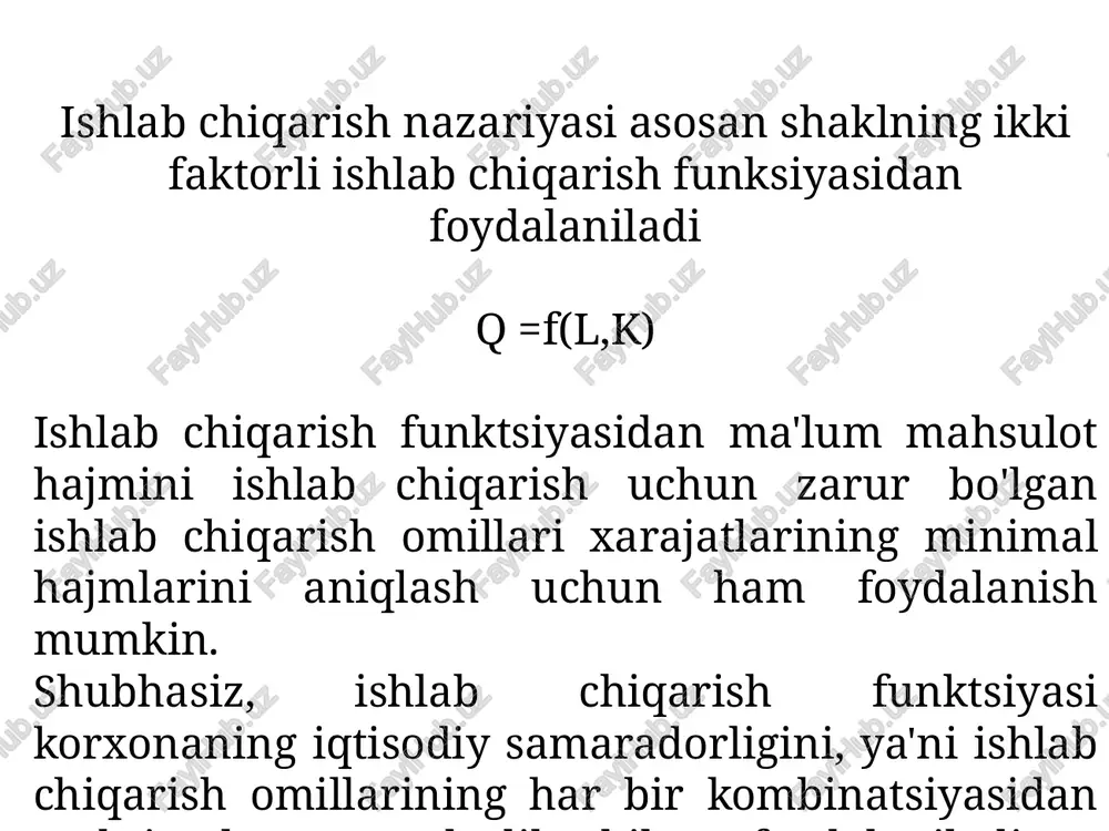 qonuni narx bo'yicha talab funktsiyasining tabiatini belgilaydi (talab egri chizig'i shakli) 13 o'zgaruvchan omilning o'rtacha va marjinal mahsulotining dinamikasi agar marjinal mahsuldorlik o'rtacha hosildorlikdan oshsa, o'rtacha mahsuldorlik ortadi, va agar buning aksi bo'lsa, unda o'rtacha mahsuldorlik kamayadi. ya'ni, agar har bir keyingi ishchi oldingi o'rtacha mehnat mahsulotidan ko'proq ishlab chiqarsa, u ko'payadi, agar teskari tendentsiya bo'lsa, u kamayadi. izokvant xaritasi-ishlab chiqarish omillarining har qanday majmuidan foydalanishdan maksimal natijani aks ettiruvchi izokvantlar qatoridir. izokvanta koordinatadan qanchalik uzoqroqda joylashgan bo'lsa, shunchalik katta bo'ladi u mos keladi, ya'ni ishlab chiqarishning o'sishi nuqtaning pastroqdan yuqoriroq izokvantaga o'tishi bilan namoyon bo'ladi. izokvant(teng mahsulot egri chizig'i yoki teng chiqish chizig‘i)- bu bir xil mahsulot hajmini ta'minlovchi ishlab chiqarish omillarining ko'plab muqobil kombinatsiyalarini ifodalovchi egri chiziqdir. firma izokvanta xaritasi masshtab effekti- bu resurslardan foydalanishning ko'payishi bilan ishlab chiqarish ko'lamining oshishi natijasida yuzaga keladigan iqtisodlar. ishlab chiqarish ko'lamini oshirishning ta'siri quyidagilar bo'lishi mumkin: ijobiy, ishlab chiqarish hajmi xarajatlardan …