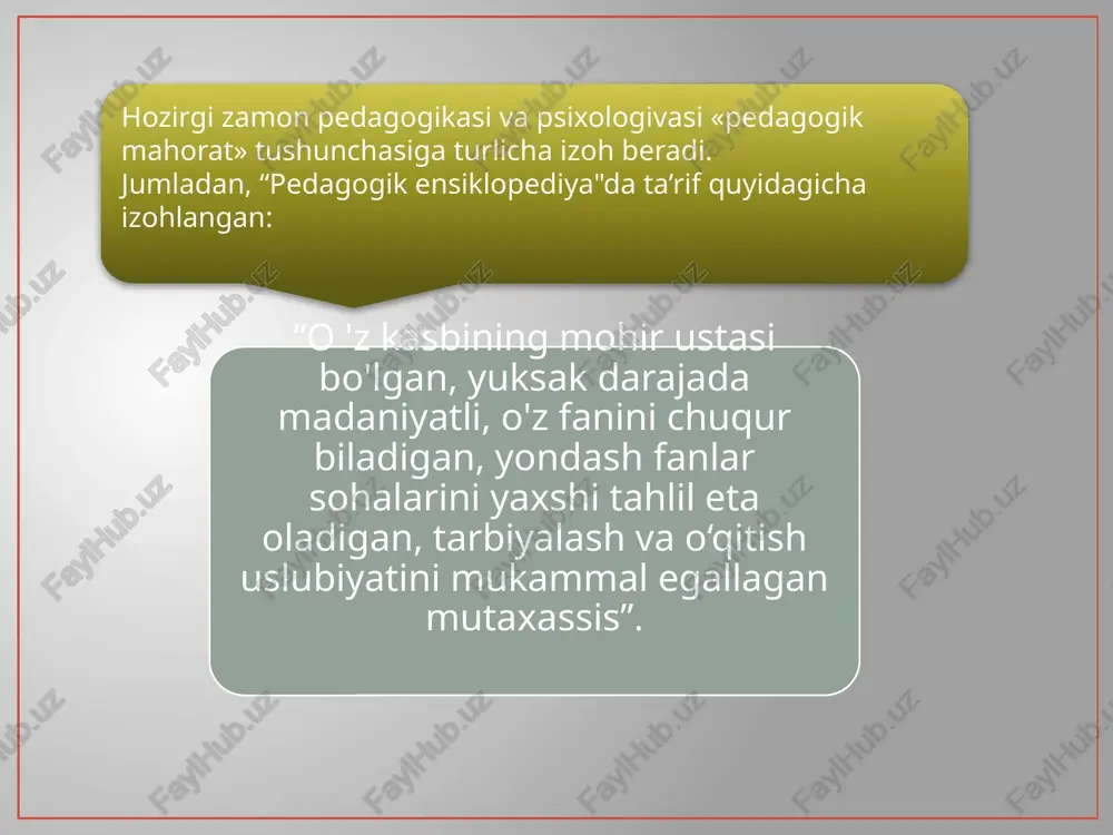 anlarni chuqur bilishida, o'zlashtirishi va amaliyotda namoyon etishi. konstruktiv qobilivat: o'qituvchining o'quv-tarbiyaviy faoliyatni puxta rejalashtirishi asosida yuzaga keladigan kasbiy pedagogik vaziyat bosqichlarini oldindan ko'ra olishi anglash (tushunish) qobilivati: o'qituvchining ziyrakligi va uddaburonligi, voqea va hodisalami chuqur idrok etib, ularga adolatli munosabatda bo'lishi pedagogik qobiliyatlar tizimiga kiradigan yordamchi xususiyati va hislatlar quyidagilardan iborat: aql-idrokning muayyan turlari, hozirjavoblik, kamchiliklarga tanqidiy e’tibor. sobitqadamlik; o'qituvchining nutqi: notiqlik san’ati, so‘z boyligining teranligi; aktyorlik xususiyati: mimika va pantomimika, hayoliy fantaziya ishlata olish, ruhiy hissiyotni jilovlay olish. pedagogik takt va pedagogik nazokatga ega bo`lish. psixologiyada qobiliyat - insonning kasbiy bilim, ko'nikma va malakalarni qiyinchiliksiz, osonlik bilan mukammal egallashi va biror faoliyat bilan muvaffaqiyatli shug'ullanishiga aytiladi. u o'qituvchining kasbiy faoliyatida ham uorqin namoyon bo'ladi. kasbiy faoliyatning ta’lim mazmunini belgilovchi sifatlari o'qituvchining ijodkorligida namoyon bo'ladi. ijodkorlik - bu sifat jihatidan yangi, original va takrorlanmas biror yangilikni paydo qiluvchi faoliyatdir. pedagogikada o'qituvchi qobiliyati - bu imkoniyatdir, uning mohirligi zaruriy darajasi …