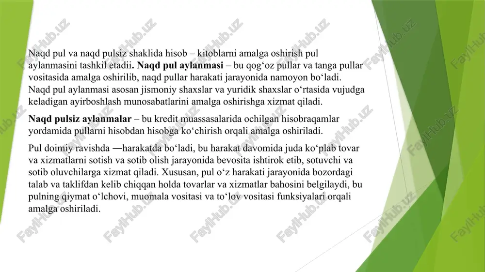 e su‘bekt esa a ning ko‘rsatgan xizmati uchun to‘lovni d dan qarz sifatida oladi. bu jarayonda muomalada aylanayotgan pul tovar va xizmatlarga to‘lov uchun 3 marta, qarz munosabati uchun esa 2 marta ishlatildi. agarda b sub‘ekt mablag‘ini qarz munosabatiga yo‘naltirmasa, bunda jarayon buzilishi mumkin. to‘lovlar va qarzdorlik to‘lovlari bo‘yicha pul aylanishi jarayoni: bu jarayonda a sub‘ekt c dan tovar sotib oladi, c esa o‘zining kreditorlik qarzini b ga to‘laydi va natijada b sub‘ekt e dan mahsulot sotib oladi. o‘z navbatida e sub‘ekt ham d ga o‘z qarzini qaytaradi va d bu mablag‘ga a da tovar yoki xizmatlar sotib olishi mumkin. pul aylanishi bank orqali yoki uni vositachiligida yuzaga kelganda: bunday jarayonda endi a sub‘ekt b dan bank cheki orqali mahsulot sotib oladi va qolga jarayon ham yuqoridagi kabi davom etgan holda chek bo‘yicha hamda bank vositachiligida to‘lovlar amalga oshiriladi. buyuk iqtisodchi karl marks esa bu jarayonni asosan tovar va pulga …