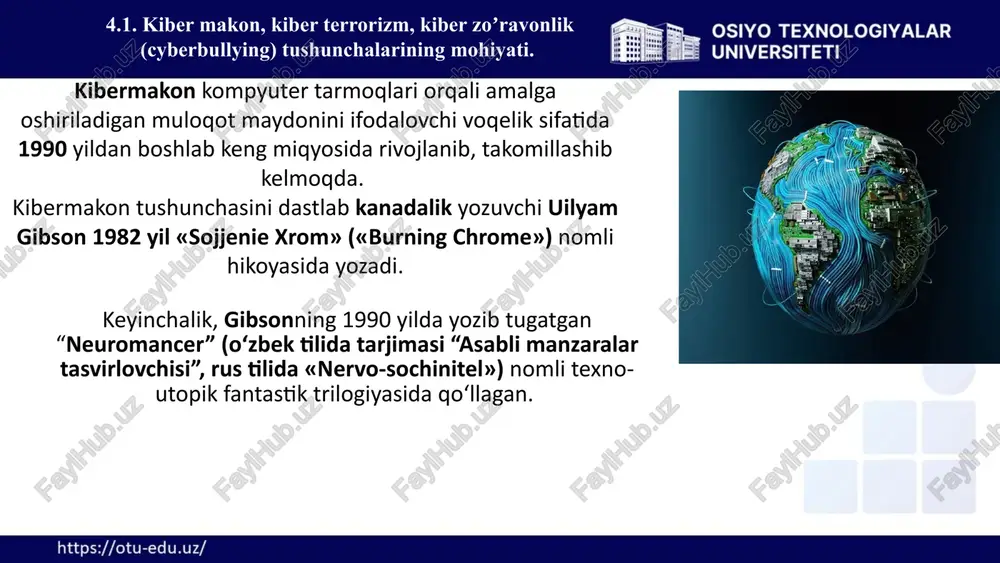 tushuntirish beradi. medium, substack, wordpress kabi platformalarda din va e’tiqodlar haqida maqolalar, sharhlar va maslahatlar chop etiladi. onlayn darslar va seminarlar ko‘plab diniy tashkilotlar zoom, google meet va boshqa video platformalar orqali onlayn darslar, seminarlar va vebinarlar o‘tkazishadi. bu onlayn ta’lim shakli din va e’tiqodlarni o‘rgatish va muhokama qilish uchun juda qulay. 4.1. kiber makon, kiber terrorizm, kiber zoʼravonlik (cyberbullying) tushunchalarining mohiyati. 9 diniy e`tiqod targ`ibotining maqsadlari diniy e`tiqod targ`iboti turli maqsadlarga erishishga qaratilgan bo`lishi mumkin. dinni tarqatish diniy g`oyalarni kengroq doirada targ`ib qilish. e`tiqodni mustahkamlash mavjud e`tiqodchilarning e`tiqodini mustahkamlash. siyosiy ta`sir siyosiy jarayonlarga ta`sir o`tkazish. 4.1. kiber makon, kiber terrorizm, kiber zoʼravonlik (cyberbullying) tushunchalarining mohiyati. 10 axborot urushi – raqib sanalgan mamlakat rahbariyatiga, uning jamoatchilik yoki diniy tashkilotlariga va ular qabul qiladigan qarorlarga ta’sir ko‘rsatish, ijtimoiy fikr va jamoatchilik ongini o‘ziga kerakli yo‘nalishda shakllantirishga urinishdir. ta’sir qilishning asosiy dastaklari – kitoblar, kinofilmlar, televideniye, internet, oav nashrlari. axborot urushining muhim …