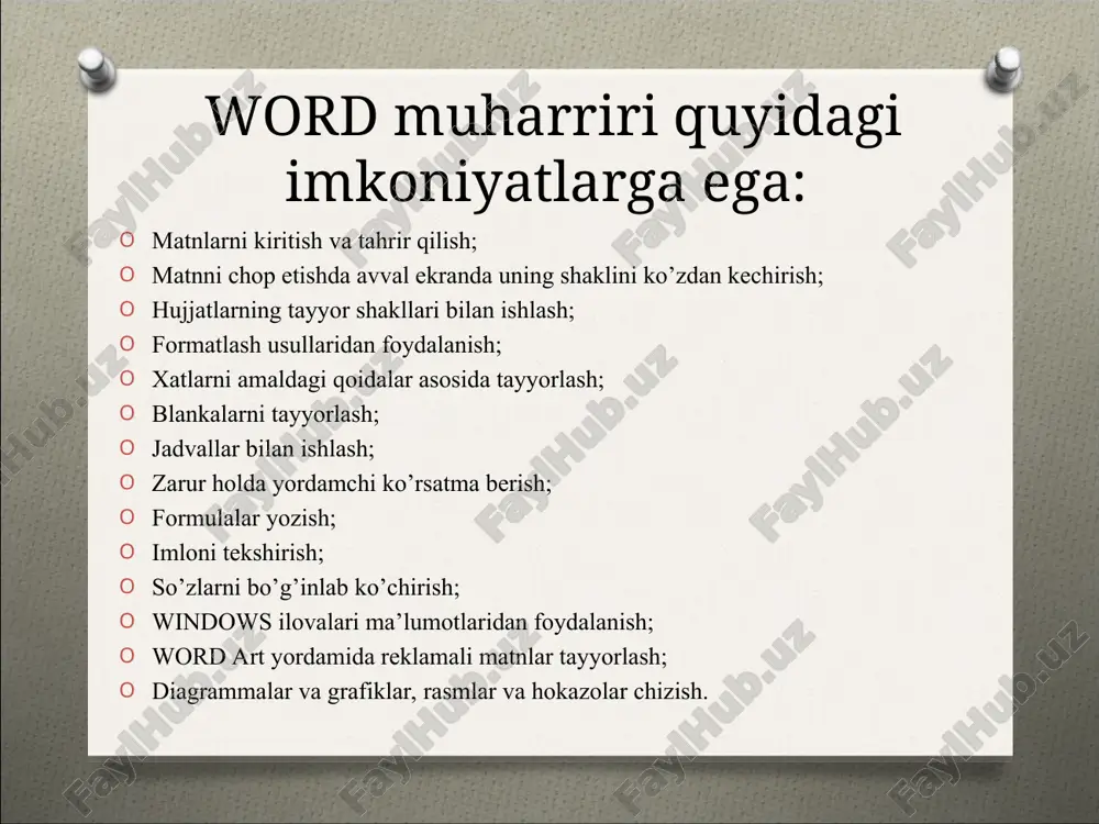 quyidagilar bajariladi: 1) papka: qatoriga fayl saqlanuvchi papka to'g'rilanadi; 2) imya fayla: qatoriga saqlanuvchi fayl nomi yoziladi (ixtiyoriy); 3) tip fayla: qatoriga saqlanuvchi fayl turi to'g'rilanadi; 4) soxranit tugmachasi yoki enter tugmasi bosiladi. papka qatori fayl nomi yoziluvchi qator fayl turini aniqlovchi qator faylni saqlash 2. klaviatura yordamida bajarish. shift (ctrl) tugmasi bilan f12 (s) tugmalari birgalikda bosiladi va quyidagilar bajariladi. 1) papka: qatoriga fayl saqlanuvchi papka to'g'rilanadi; 2) imya fayla: qatoriga saqlanuvchi fayl nomi yoziladi (ixtiyoriy); 3) tip fayla: qatoriga saqlanuvchi fayl turi to'g'rilanadi; 4) soxranit tugmachasi yoki enter tugmasi bosiladi. microsoft word dasturida hujjatni saqlash: shift f12 + s ctrl + microsoft word dasturida hujjatni formatlash, shriftlarni o'zgartirish: matn kompyuter xotirasiga kiritilgandan so'ng, uni bosmaga qulay va chiroyli tartibda, hujjatning mazmunini bo'rttirib ko'rsata oladigan ko'rinishda tayyorlash zarur bo'ladi. bu vazifani menyuning format bo'limi amalga oshiradi. uning bandlari mohiyati quyidagicha: shrift bandi – harflarning turi, o'lchami, rangi, yozilish usuli …