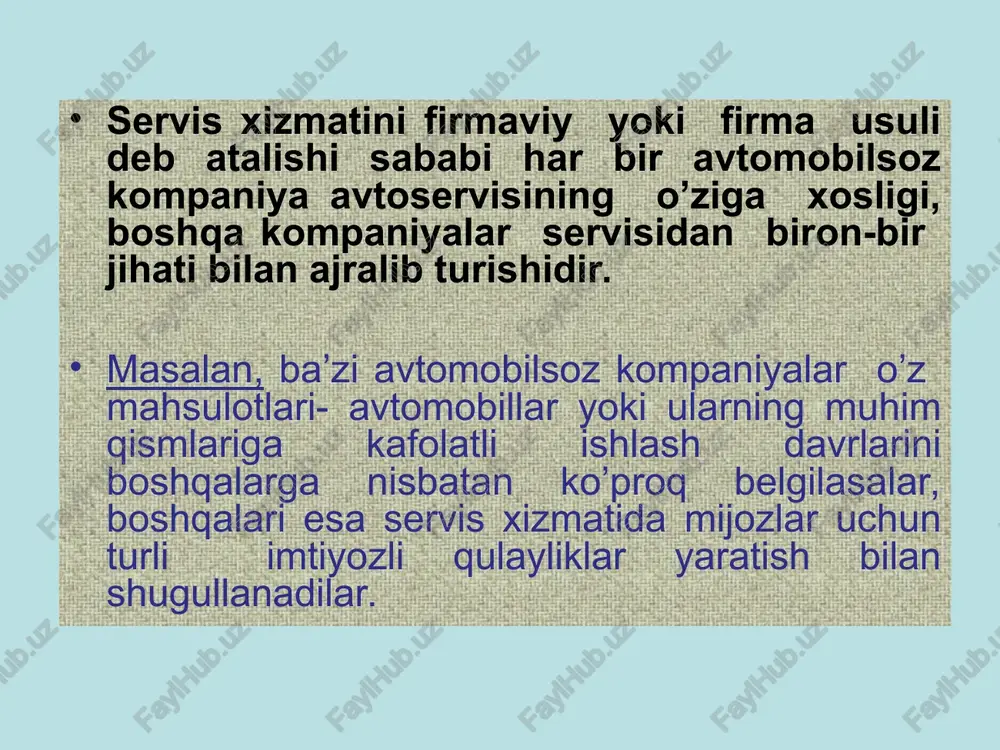o’z hududlaridagi avtomarkazlar bilan shartnomalar asosida ishlaydilar. bu stansiyalar konsessionerlar stansiyalari deb ham ataladi, ya’ni shartnoma asosida ishlovchi ma’nosida. diler stansiyalarining mijozlari asosan, shaxsiy avtomobil egalari (txk va ta’mirlash bo’yicha) va turli avtotransport korxonalaridir (ehtiyot qismlar savdosi bo’yicha). dilerlar mavqei boshqa mustaqil stansiyalarga qaraganda yuqori turadi, ularda bajarilgan ishlar sifati yuqori baholanadi va almashtirilgan ehtiyot qismlar ishonchli hisoblanadi. ularda ishlovchilarning ish haqlari ham 50. . .70 foiz yuqori bo’ladi. umuman olganda firma usulidagi avtoservis xizmatining qadri yuqori bo’lsada, uning hajmi katta emas. masalan, aqshda barcha avtoservis xizmati ko’rsatuvchi korxonalarning faqat 9 % firma usulida ishlaydi, ammo ularning txk va ta’mirlashdagi bajargan ishlarining ulushi 1996 yilda 16 %ni tashkil etgan. nazorat uchun savollar. 1.firma usulida avtoservis xizmati ko’rsatishning o’ziga xos tomonlari nimalardan iborat va nima uchun tashkil etiladi? 2.firma usulida xizmat ko’rsatuvchi korxonalar qanday firmalarga qarashli bo’lishlari mumkin? 3.firma usulidagi avtoservis xizmatini tashkil etishning asosiy mezonlari nimalardan iborat? 4.firma usulidagi avtoservisning …