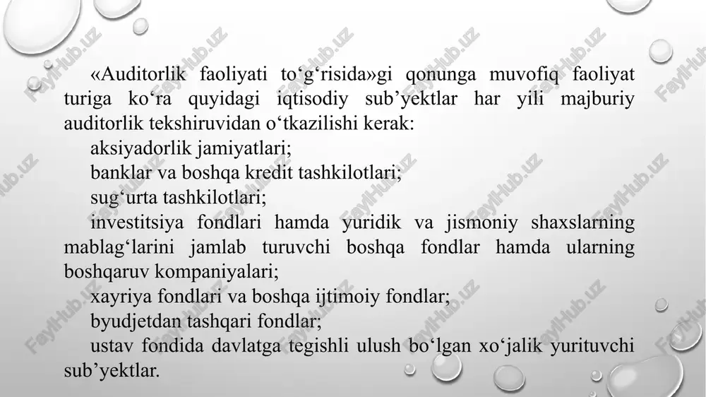 ib kelgan yoki uning o‘z vaqtida aniqlanishiga to‘sqinlik qilgan, buxgalteriya hisobi va nazorat tizimining kamchiliklari. o‘zbekiston respublikasi «auditorlik faoliyati to‘g‘risida»gi qonuni va 90-«auditorlik tashkilotlarining professional xizmatlari» nomli auditorlik faoliyati milliy standarti (afms)da ko‘rsatilgan, istalgan professional xizmatlarni ko‘rsatishlari mumkin. bunday xizmatlarga quyidagilar kiradi: a) buxgalteriya hisobini yo‘lga qo‘yish, qayta tiklash va yuritish b) moliyaviy hisobotni tuzish; v) milliy moliyaviy hisobotni buxgalteriya hisobi xalqaro standartlariga o‘tkazish; g) xo‘jalik yurituvchi sub’yektlarning moliya-xo‘jalik faoliyatini tahlil qilish; d) buxgalteriya hisobi, soliq solish, rejalashtirish, menedjment va moliya-xo‘jalik faoliyatining boshqa masalalari yuzasidan konsalting xizmati; y) soliqlar va boshqa majburiy to‘lovlar bo‘yicha hisob-kitoblar va deklaratsiyalarni tuzish; j) auditorlik tashkilotlari auditorlik faoliyatining milliy standartlarida nazarda tutilgan boshqa professional xizmatlarni ham ko‘rsatishlari mumkin. auditorlik tashkiloti yuqori sifatli professional xizmat ko‘rsatishga erishishi uchun o‘z faoliyatini shunday tashkil etishi kerak-ki, uning ish bajarish yoki xizmat ko‘rsatishda qatnashayotgan xodimlari quyidagi talablarga javob berishi lozim: halollik va haqqoniylik; professional kompetentlilik va zarur tajriba hamda …