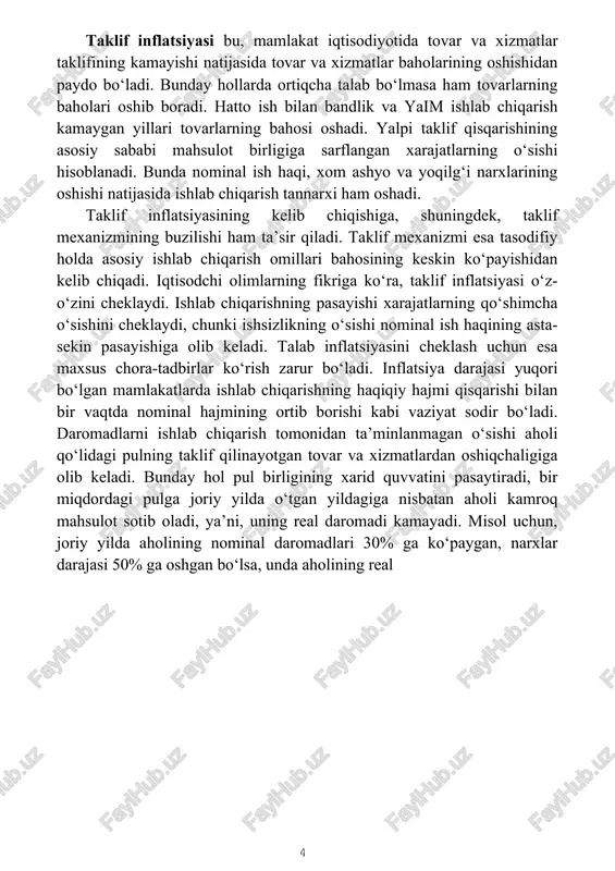 fining kamayishi natijasida tovar va xizmatlar baholarining oshishidan paydo bo‘ladi. bunday hollarda ortiqcha talab bo‘lmasa ham tovarlarning baholari oshib boradi. hatto ish bilan bandlik va yaim ishlab chiqarish kamaygan yillari tovarlarning bahosi oshadi. yalpi taklif qisqarishining asosiy sababi mahsulot birligiga sarflangan xarajatlarning o‘sishi hisoblanadi. bunda nominal ish haqi, xom ashyo va yoqilg‘i narxlarining oshishi natijasida ishlab chiqarish tannarxi ham oshadi. taklif inflatsiyasining kelib chiqishiga, shuningdek, taklif mexanizmining buzilishi ham ta’sir qiladi. taklif mexanizmi esa tasodifiy holda asosiy ishlab chiqarish omillari bahosining keskin ko‘payishidan kelib chiqadi. iqtisodchi olimlarning fikriga ko‘ra, taklif inflatsiyasi o‘z- o‘zini cheklaydi. ishlab chiqarishning pasayishi xarajatlarning qo‘shimcha o‘sishini cheklaydi, chunki ishsizlikning o‘sishi nominal ish haqining asta-sekin pasayishiga olib keladi. talab inflatsiyasini cheklash uchun esa maxsus chora-tadbirlar ko‘rish zarur bo‘ladi. inflatsiya darajasi yuqori bo‘lgan mamlakatlarda ishlab chiqarishning haqiqiy hajmi qisqarishi bilan bir vaqtda nominal hajmining ortib borishi kabi vaziyat sodir bo‘ladi. daromadlarni ishlab chiqarish tomonidan ta’minlanmagan o‘sishi aholi qo‘lidagi …