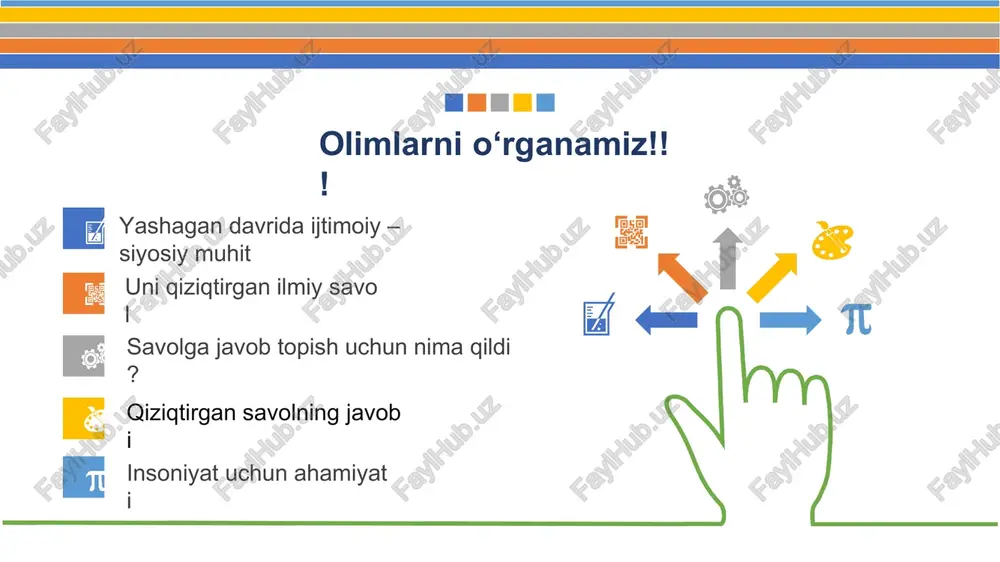 sinidatchikorqalishkalayordamidaaniqlash mumkin. oekologiyabo‘yichao‘zbekistonningqumlivachang hududlarida,qurilishjoylardahavoningifloslanganligini kuzatishvadarhololdiniolishmumkin. olimlardekfikrlaydiganyoshlar turliyoshdagio’quvchiyoshlar: o‘g‘ilbolalarvaqizlarham a’zobo‘lgan maqsadi: olimlardekfikrlab, yangi, hechkimo‘ylamaganva tasavvurqilmaganloyihalarniamalgaoshirish! "water rocket" shamolgeneratori "solarclock" "solar stove" "air-dust" ekologikmuammo oxirgi20-30yildahavoningyuqori ifloslanishdarajasiglobal muammogaaylandi,buhechkimgasiremas.buholathavoningqizishi, iqlimo‘zgarishivako‘plabboshqamuammolarniyuzagakeltirdi. bumuammogabirqatoryechimlarorasidanhavonifiltrlarorqali tozalashnimisolqilibkeltirishmumkin.bundaytexnologiyadunyodaishlab chiqilgan,lekinkengqo‘llanilmaydi. yechimi kalit so’zlar; infinity team” jamoasi kitab al-kanun fit-tibb zidjiy geodeziya al-adviyat alkalbiya 2 nazorat savollari mirzoulug‘bekni tabiiy fanlarni shakillanishiga qo’shgan hissasi haqida gapiring aburayhonberuniyni tabiiy fanlarni shakillanishiga qo’shgan hissasi haqida gapiring abunasral-forobiyni tabiiy fanlarni shakillanishiga qo’shgan hissasi haqida gapiring ushbu mavzuni o’rganishimizdan maqsad nima? 2 foydalanilgan adabiyotlar «tabiiy fanlarni o‘qitish texnologiyalari» , qoraxonova lobar musoxonovna, toshkent- 2022 boboqulova_nodira_nurmat_qizi_238-243.pdf (oriens.uz) 2 e’tiboringiz uchun rahmat! image1.png image2.png image3.png image4.png image5.png image14.png image15.png image16.png image17.png image18.png image6.png image7.png image8.png image9.png image10.png image11.png image12.png image13.png image27.png image19.png image20.png image21.png image22.png image23.png image24.png image25.png image26.png image28.png image29.png image30.png image31.png image32.png image33.png image34.png image35.png image36.png image37.png image38.png image39.png image40.png image41.png image42.png image43.png image44.png image45.png image46.png image47.png image48.png image49.png ima
