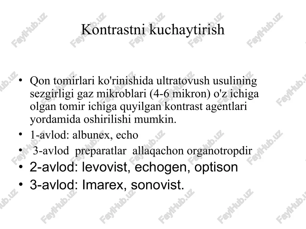 o'rinish maydoni. mikrokoveks datchik konveks datchikni bir turi hisoblanadi. sektor datchik – to’g’ri ko’rish maydoni. datchik turlari tasvir rejimlari a-rejim nom inglizcha "amplituda" - amplitudadan kelib chiqadi. ultratovush yagona to’lqin sifatida ishlatiladi. ma'lumot egri chiziq shaklida ko'rsatiladi. absissa o’qida, aks signalining kirib borishi chuqurligini aks ettiradi, ordinata o'qi bo'ylab - exo signalining intensivligi. tasvir rejimlari v-rejim bu nom inglizcha “bright" - yorqinlikdan kelib chiqqan. turli xil ultratovushli to'lqini ishlatiladi va barcha exo signallar tahlil qilinadi. akslar ekranda nuqtalar bilan ifodalanadi, nuqtalarning yorqinligi darajasi aks signalining kuchi bilan bog'liq. bu modda barcha a'zo va to'qimalar ikki o'lchamli tasvirlarga (bo'laklarga) o'xshaydi. tasvir rejimlari m-rejim bu nom inglizcha "motion" - harakatdan kelib chiqadi. bitta ultratovush to’lqin ishlatiladi va qaytgan exosignal vertikal chiziq bo'ylab kulrang nuqta bilan belgilanadi. nuqtaning bu chiziqdagi joylashuvi strukturalarning chuqurligini ifodalaydi, nuqtaning to'yinganligi esa exosignalning mustahkamligini ifodalaydi. hosil bo'lgan tasvir yakka chiziq bo'ylab tuzilmalar harakatini ifodalaydi. harakatlanuvchi tuzilmalarni kuzatishda kardiologiyada …