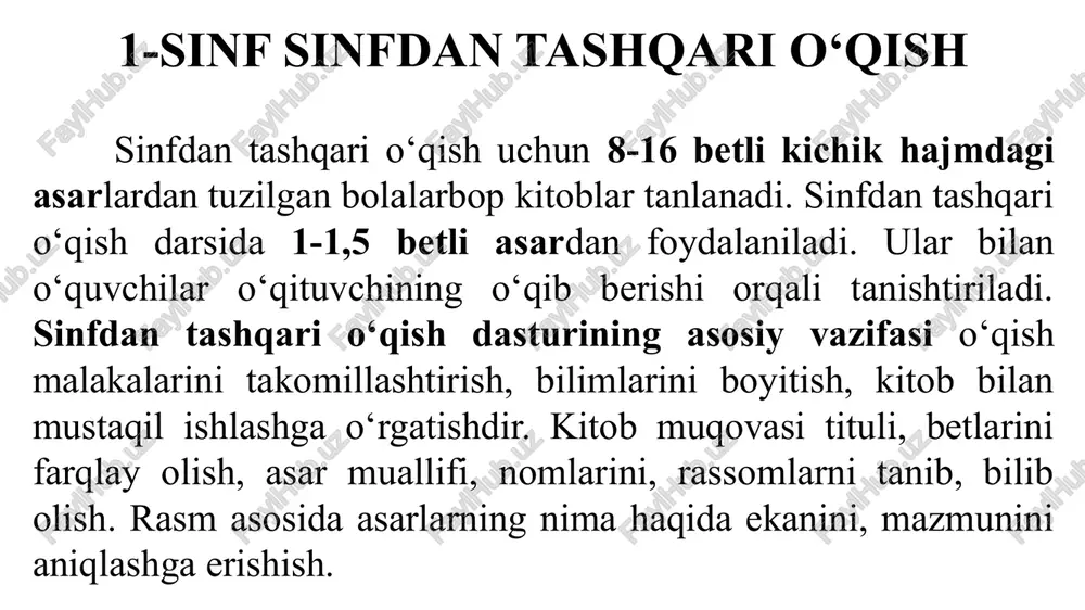 millashtirish, ona tilining fonetika, grammatika, morfemika, sintaksiz, so’z birikmasi, so’z, gap kabi tushunchalari bilan yaqindan tanishish, muntazam ravishda ona tiliga muhabbatni uyg’otish va uni amalda to’g’ri qo’llay oladigan ongli komil insonni tarbiyalashdir sinfdan tashqari ishlar o'quv dasturi bilan chambarchas bog'liq bo'lib, unda ko'zda tutilgan maqsad va vazifalarni amalga oshirishda yaqindan yordam beradi. buning uchun o'quvchilarda izlanuvchanlik va ijodkorlik darajasiga ko’tarish talab qilinadi sinfdan tashqari ishlar darslarining xususiyatlari, birinchidan, sinfdan tashqari ishlar tizimining bosqichlari bilan, ikkinchidan, o'quv vazifalari va dastur bilan, uchinchidan, oldinga qo'yilgan tarbiyaviy vazifalar bilan, to'rtinchidan, o'quvchilaming qiziqishlari bilan belgilanadi. boshlang‘ich sinflarda sinfdan tashqari ishlarni asosiy maqsadi-o‘quvchilarda fanga qiziqishni rivojlantirish, darsda olingan bilimlarni to‘ldiruvchi va chuqurlashtiruvchi ona tilidan bilim, ko‘nikma va malakalarni shakllantirishdan iborat. boshlang‘ich sinflarda ona tilidan “sinfdan tashqari ish” deyilganda o‘quvchilarning o‘qituvchi rahbarligida darsdan tashqari vaqtda tashkil qilingan, dastur bilan bog‘liq bo‘lgan material asosida ixtiyoriylik tamoyiliga asoslangan mashg‘ulotlar tushuniladi. sinfdan tashqari ishlarni ikki turini farqlash mumkin. uning …