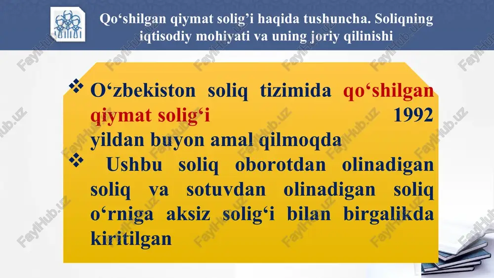 ‘lgan hamda nogironligi bo‘lgan shaxslar mehnatiga haq to‘lash fondi umumiy mehnatga haq to‘lash fondining kamida 50 foizini tashkil etadigan, yagona ishtirokchisi nogironligi bo‘lgan shaxslarning jamoat birlashmalari hisoblangan yuridik shaxslar tomonidan realizatsiya qilinadigan tovarlar va xizmatlarni; 7) pochta markalarini, markali otkritkalarni, konvertlarni; * 8) pensiyalar va nafaqalar to‘lashga doir xizmatlarni(sayyor kassa); 9) budjet mablag‘lari hisobidan bajariladigan ilmiy-tadqiqot va innovatsiya ishlarini. mazkur soliq solishdan ozod etish tegishli moliya organining budjetdan mablag‘lar ajratish to‘g‘risidagi xulosasi mavjud bo‘lgan taqdirda qo‘llaniladi; 10) o‘qitish (ta’lim) sohasidagi xizmatlarni, shu jumladan test sinovlari va imtihonlar o‘tkazishni tashkil etish xizmatlarini, xususan: a) boshlang‘ich, o‘rta, o‘rta maxsus, texnik va kasb-hunar, oliy ta’lim va oliy o‘quv yurtidan keyingi ta’lim sohasidagi ta’lim xizmatlarini; b) ta’lim muassasalari (tashkilotlari), shuningdek kadrlarni qayta tayyorlash va ularning malakasini oshirishni amalga oshiradigan tashkilotlar tomonidan ko‘rsatiladigan qo‘shimcha ta’lim berish bo‘yicha xizmatlarni; c) maktabgacha ta’lim va tarbiya dasturlari doirasida ta’lim va tarbiyalash faoliyatini amalga oshiruvchi tashkilotlarda bolalarga qarash va …