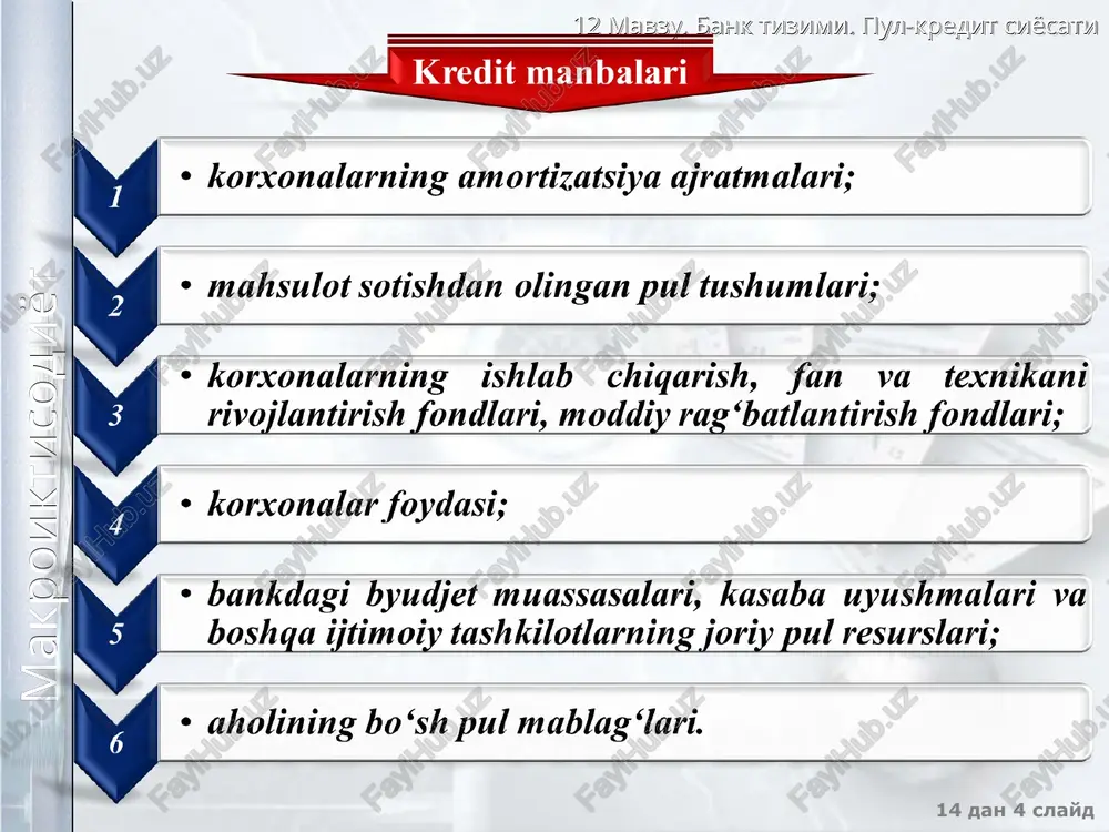 depozitlar tashkil etadi. banklarning umumiy kapitali 6,2 mlrd dollar (66 trln so’m) darajasida bo’lib, shundan 81 foizi davlat banklari kapitaliga to’giri keladi. 12 mavzu. bank tizimi. pul-kredit siyosati 14 dan * slayd makroiktisodiyot 12 mavzu. bank tizimi. pul-kredit siyosati 14 dan * slayd makroiktisodiyot ixtisoslashgan kredit-moliya muassasalarining turlari investitsion banklar nafaqa fondlari sugʻurta muassasalari sugʻurta kompaniyalari investitsion kompaniyalari ixtisoslashgan kredit-moliya muassasalari 12 mavzu. bank tizimi. pul-kredit siyosati 14 dan * slayd makroiktisodiyot 2. pul-kredit siyosatining maqsadlari, vositalari va koʻrinishlari. dyepozitlarni majburiy zahiralash normasi pul-kredit siyosati deganda, toʻliq bandlik sharoitida yalpi ichki mahsulotni ishlab chiqarishga inflyatsiyaning taʼsirini kamaytirish yoki bartaraf etish maqsadida muomaladagi pul miqdorini oʻzgartirishga qaratilgan chora-tadbirlar tushuniladi. pul-kredit siyosati davlat tomonidan belgilanadi va uni markaziy bank amalga oshiradi . 12 mavzu. bank tizimi. pul-kredit siyosati 14 dan * slayd makroiktisodiyot pul-kredit siyosatining uchta asosiy vositasi ajratib koʻrsatiladi: 1. hisob stavkasi (qayta moliyalash stavkasi); 2. majburiy zahiralar normasi; 3. ochiq …