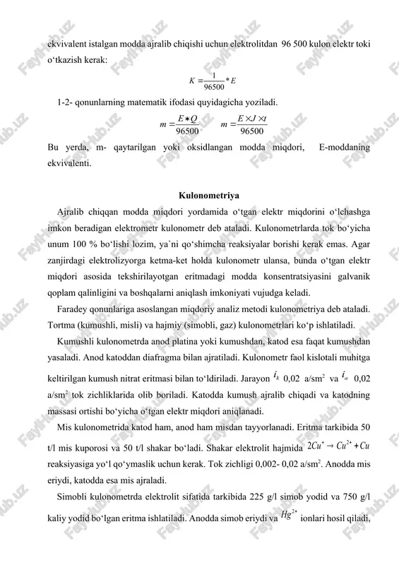 iydi va ionlari hosil qiladi, grafit katodda ularning qaytarilishi yuz beradi va metall simob to‘planadi va u kulonlar bo‘yicha darajalangan naychaga oqib tushadi. elektroliz unumi fanga «elektroliz unumi» yoki «elektr quvvatiga nisbatan unum» degan tushuncha kiritilgan: bu yerda: m1 – amalda ajralib chiqqan modda miqdori; m – nazariy miqdor. binobarin, ga ega bo‘ladi. image4.wmf oleobject4.bin image5.wmf oleobject5.bin image6.wmf oleobject6.bin image7.wmf oleobject7.bin image8.wmf oleobject8.bin image9.wmf oleobject9.bin image10.wmf oleobject10.bin image11.png image12.wmf oleobject11.bin image13.wmf oleobject12.bin image14.wmf oleobject13.bin image15.wmf oleobject14.bin image16.wmf oleobject15.bin image17.wmf oleobject16.bin image18.wmf oleobject17.bin image19.wmf image1.wmf oleobject18.bin image20.wmf oleobject19.bin oleobject20.bin oleobject21.bin image21.wmf oleobject22.bin oleobject1.bin image2.wmf oleobject2.bin image3.wmf oleobject3.bin 2 3 co - 3 chcoo - oh - 2 244 2 ksokso +- =+ 2 hohoh +- «+ 2 22 heh +- +®­ 22 442 oheoho -- -®­+ * mkq = 1 * 96500 ke = 96500 eq m * = 96500 ejt m ´´ = k i a i 2 2 cucucu …