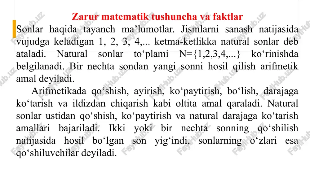 i aniqlanadigan foiz murakkab foiz deb ataladi. misol. a shaxs jamg‘arma bankiga 150 000 so‘m pulni 20 % yillik foiz stavkasi bilan 2 yilga qo‘ygan. ikkinchi yilning oxirida a shaxsning jamg‘armasi qancha bo‘ladi? yechish. birinchi yilning oxirida jamg‘arma 150 000+150 000 · 0,2= =50 000+30 000=180 000 so‘m bo‘ladi. ikkinchi yilning oxirida esa jamg‘armaning miqdori n=180000+180 000 · 0,2=216 000 so‘m bo‘ladi. bu natijaga yuqorida keltirilgan formuladan foydalanib ham erishish mumkin: nisbat. proportsiya. a sonning b songa nisbati deb, a ni b ga bo‘lishdan hosil bo‘lgan bo‘linmaga aytiladi. nisbat a:b yoki ko‘rinishda belgilanadi. ikki nisbatning tengligi proportsiya deb ataladi va u quyidagicha yoziladi: bu proportsiyada a va d lar chetki, b va s lar esa o‘rta hadlar deb ataladi. proportsiyaning asosiy xossalari. proportsiyaning chetki hadlar ko‘paytmasi uning o‘rta hadlari ko‘paytmasiga teng, ya’ni agar a : b=c : d bo‘lsa, u holda a · d = b · c bo‘ladi. misol. …