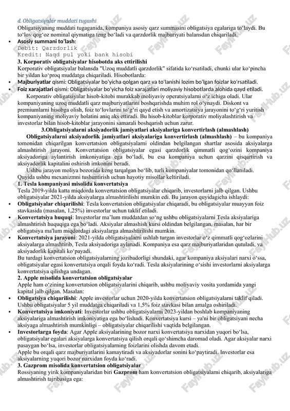 ligatsiyalarni hisobga olish tartibi obligatsiyalarni hisobga olishda quyidagi bosqichlar amalga oshiriladi: a. obligatsiya chiqarilishi obligatsiyalar chiqarilganda, kompaniya obligatsiyalar bo‘yicha olingan mablag‘larni qarz majburiyati sifatida balansga yozadi. agar obligatsiya diskont yoki premium bilan chiqarilgan bo‘lsa, bu farq ham hisobga olinadi. masalan: · diskontli obligatsiyalar: debit: naqd pul (diskont bilan hisoblash) kredit: qarzdorlik (obligatsiyalar qiymati) kredit: diskont qiymati (farq) · premiumli obligatsiyalar: debit: naqd pul (premium bilan hisoblash) kredit: qarzdorlik (obligatsiyalar qiymati) debit: premium qiymati (farq) b. foiz to‘lovlari har bir davrda obligatsiyalar bo‘yicha foizlar to‘lanadi. bu foizlar xarajat sifatida hisobga olinadi va majburiyat kamayadi: · foiz to‘lovi: debit: foiz xarajatlari kredit: naqd pul yoki bank hisobi c. obligatsiyani amortizatsiya qilish agar obligatsiya diskont yoki premium bilan chiqarilgan bo‘lsa, ushbu qiymat obligatsiyaning amal qilish muddatida amortizatsiya qilinadi. bu jarayon obligatsiya qiymatini vaqt o‘tishi bilan kamaytirib boradi. · diskontni amortizatsiya qilish: debit: foiz xarajatlari kredit: diskont amortizatsiyasi · premiumni amortizatsiya qilish: debit: premium …