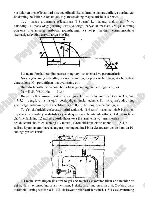 o’lagini portlatish yo’li bilan maydalash sxemasi: a- to’kma zaryad bilan;b- shpurdagi zaryad bilan; 1-tosh bo’lagi; 2-inert material; 3-o’t uzatuvchi shpur; 4-detonator-kapsula; 5-detonatsiyalash shpuri; 6- zaboycha; 7-shpur ichidagi zaryad. mexanik yumshatish (parchalash, maydalash). jismni baquvvat buldozer-yumshatkichning orqasiga o’rnatilgan bir yoki bir nechta tish bilan parchalanadi. mo’rt jinslarni mexanik usul bilan parchalash burg’ulash-portlatish usuliga qaraganda qator afzalliklarga ega: yupqa gorizontal qatlamlarni qazib olish osonlashadi; tog’ jinsining bo’laklari o’lchamini tartibga keltirish mumkin; maydalab tashlash demak, jinsni yo’qotish kamayadi, jins o’z qatgiqligini saqlab qoladi; xavfsiz ishlash sharoiti hosil bo’ladi; muzlagan jinslarni ishlashda, yordamchi ishlardado’nkalarni qazib olishda buldozer uskunaparidan samarali foydalanish. massivni parchalashda mashinani parallel yo’nalishlarda yonlama suriladi.samarali parchalash chuqurligi ham shu jarayonda e’tiborga olinadi. agar yumshatishning konstruktiv chuqurligi yetarli bo’lmasa, qo’shimcha o’tish bajariladi.bo’laklar o’lchami kichikroq bo’lishi uchun mashina ham uzunasiga, ham ko’ndalangiga yurishi kerak. tog’ jismini cho’michlab olish va ortish. bunday mashinaning ratsional turini tanlashda tog’ jinslarining fizik-mexanik xususiyatlari.zaboyning muayyan transport vositalariga mos o’lchamlari …