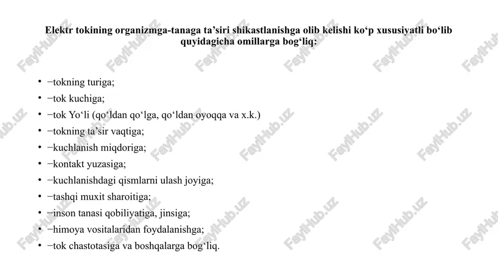 igi kerak; -elektr asboblari quruq va xavfsiz joylarda saqlanishi lozim; -elektr asboblarini katta kuchlanish bilan ishlatish uning kuyib ketishiga olib keladi; -elektr asbobni faqat teshadigan yoki qirqadigan metallar bilan kontakt bo‘lganda ulash lozim; -elektr asboblarini o‘zi bajaradigan funkstiyasidan boshqa holatlarda ishlatish xavf tug‘diradi, ularga yordamchi qo‘shimcha uskunalardan foydalanish ruxsat etilmaydi; -elektr asbobini belgilangan kesish, teshish va uskunalarga qo‘yilgan vazifasini bajarish uchun ishlatish lozim; -kiyimlar va har xil osma tayanchlar ham elektr asbobining aylanadigan qismlarga tegib ketib shikastlanishga olib kelishi mumkin; -ochiq joyda elektr asbobdan foydalanilganda, faqat rezinali qo‘lqoplardan foydalanish, oyoq kiyimi siyqanmaydigan va tok o‘tkazmaydigan bo‘lishi lozim; -uzun sochlarni o‘rab qo‘yish kerak; -chang, yog‘och qipig‘i yoki tepada elektr asbobi bilan ishlatilganda ko‘zoynak va og‘ziga filtr (4-5 qavat dokadan) taqib olish lozim. -katta shovqin chiqadigan jarayonlarda quloqlarga naushniklar yoki oddiy toza paxta tiqib olish tavsiya qilinadi; -elektr asboblarning kabel-simi orqali ko‘tarib yurish rozetkadan vilkani uzishda kabeli orqali chiqarish; -ishlaydigan (teshish, kesish, …