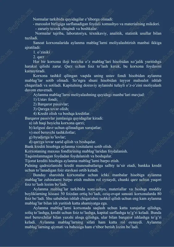amda aylanma mablag’lar kamroq sarflanib, ulardan foydalanish samaradorligi yuqori bo’ladi. aylanma mablag’larning tarkibi korxonaning ixtisoslashuviga, ishlab chiqarishning xarakteriga (qo’l mehnati, mehanizatsiyalashgan, avtomatlashgan, robotlashtirilgan, dasturlashtirilgan), ishlab chiqarish davrining muddatiga qarab turlicha bo’ladi. masalan, chorvachilikka ixtisoslashgan, paxtachilikka ixtisoslashgan, non ishlab chiqarishga ixtisoslashgan korxonalarda aylanma mablag’larning tarkibi turlicha bo’ladi. aylanma mablag’larni hosil qilinishi manbalariga ko’ra ikki qismga ajratiladi: a) korxonani mablag’lari; b) qarzga olingan mablag’lar hisobiga. korxonada aylanma mablag’larning me‘yori belgilanadi. me‘yoriy zahiralar korxonaning minimal ehtiyojlarini qondirishi, mavsumiy davrlarda esa me‘yoriy zahiralar yetishmasligi kuzatiladi.bundayhollarda korxona qarzga olingan mablag’lar hisobiga aylanma mablag’lar sotib olishimumkin. 5.2. aylanma mablag’lardan oqilona foydalanish xomashyo, yoqilg‘i, energetika resurslari, ya’ni aylanma fondlarning oqilona foydalanilishi natijasida katta samara olish borasida faqat texnikaviy omillargina katta o’rin tutmasdan, ijtimoiy-iqtisodiy omillar xam yetarli rol o‘ynaydi. aylanma fondlardan samarali foydalanishda xo‘jalik mexanizmining axamiyati katta. xususan bunga, xo‘jalik mexanizmining rejalashtirish, baholash, moliyalash, kreditlash, xujalik hisobini yuritish, boshkarish, moddiy va ma’naviy rag‘batlantirish kabi elementlari ham ta’sir ko‘rsatadi. …